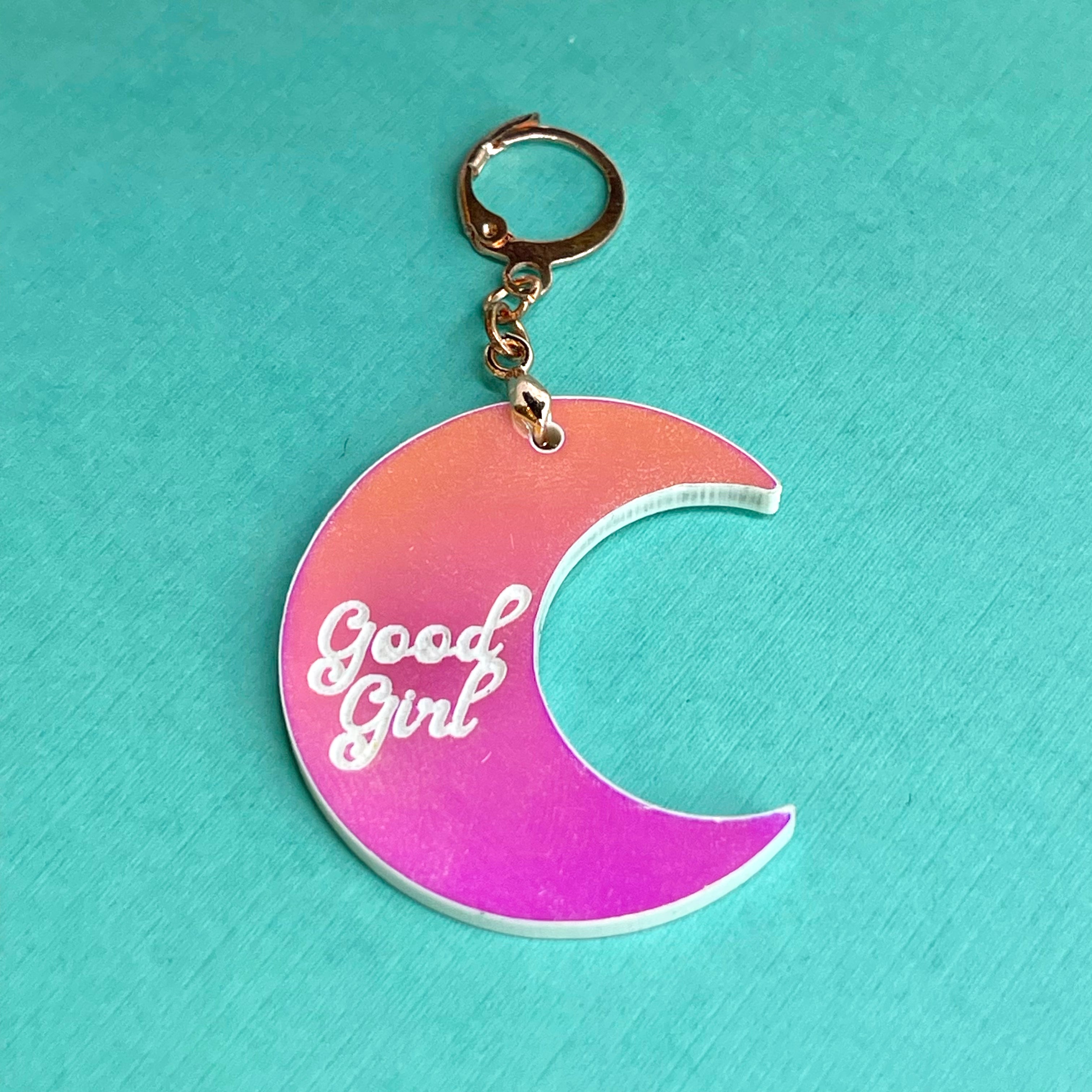 'Good Girl' Crescent Moon Collar Tag - Pink Iridescent