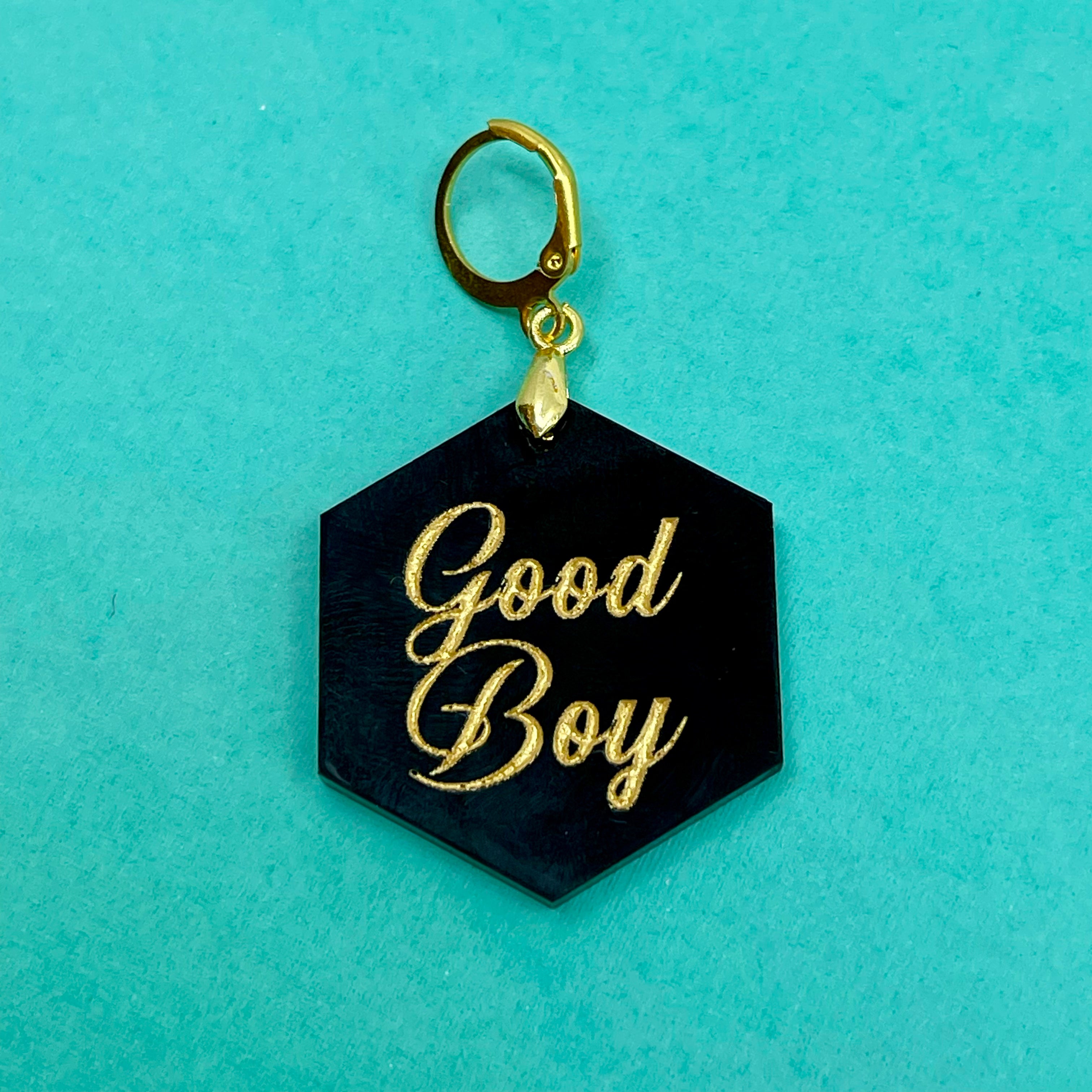 'Good Boy' Hex Collar Tag - Black & Gold