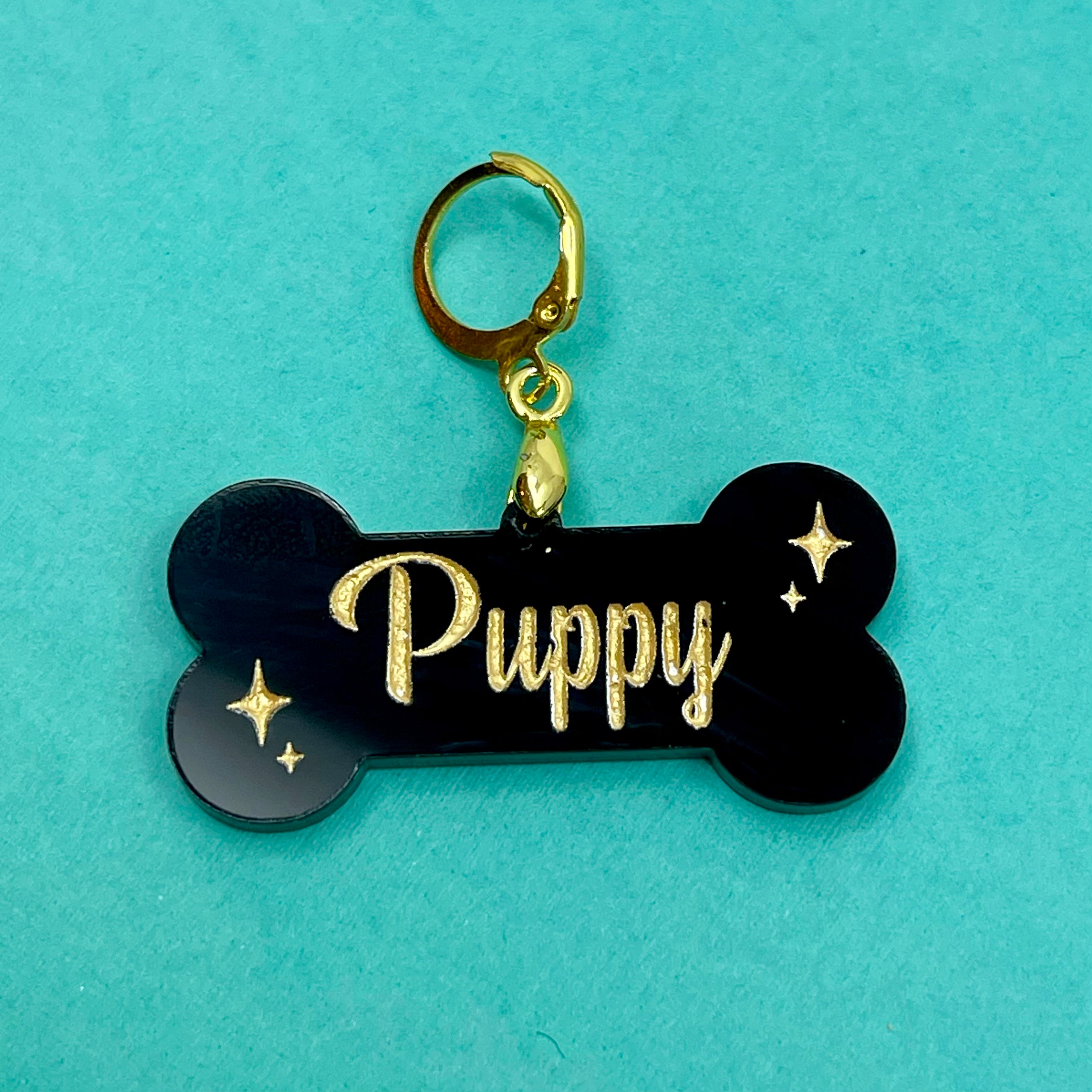 Retro Sparkle 'Puppy' Collar Tag - Black & Gold