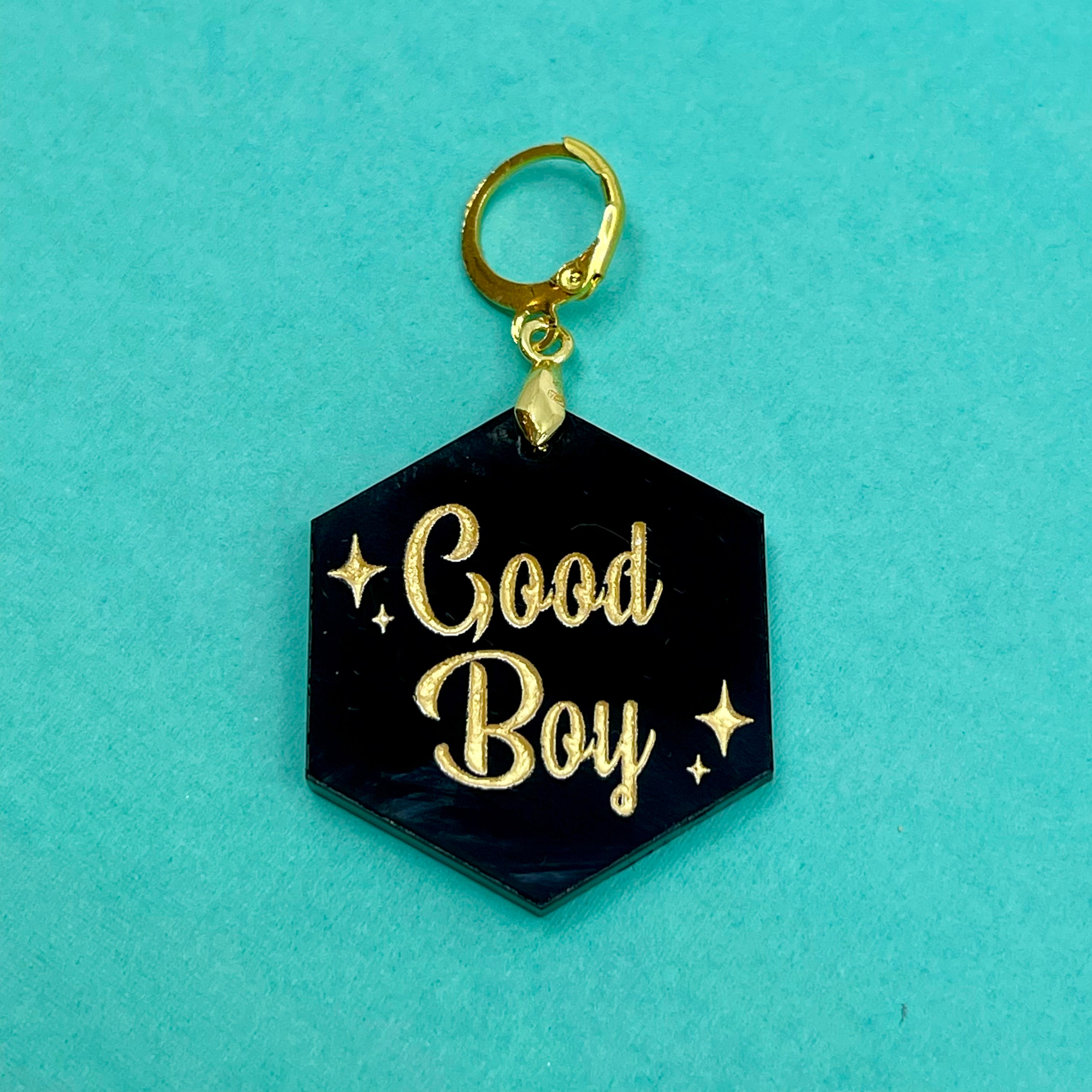 Retro Sparkle 'Good Boy' Collar Tag - Black & Gold