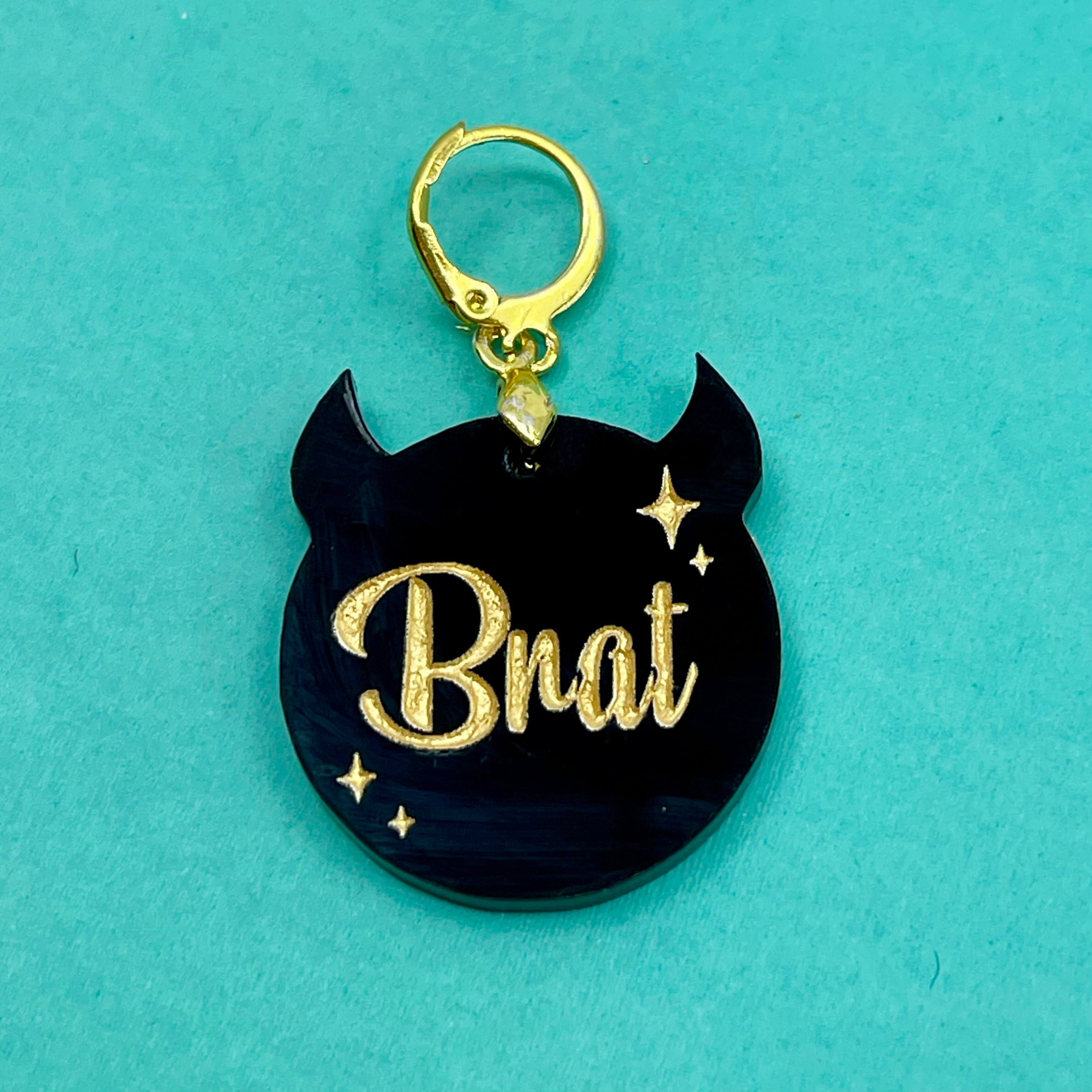 Retro Sparkle 'Brat' Collar Tag - Black & Gold