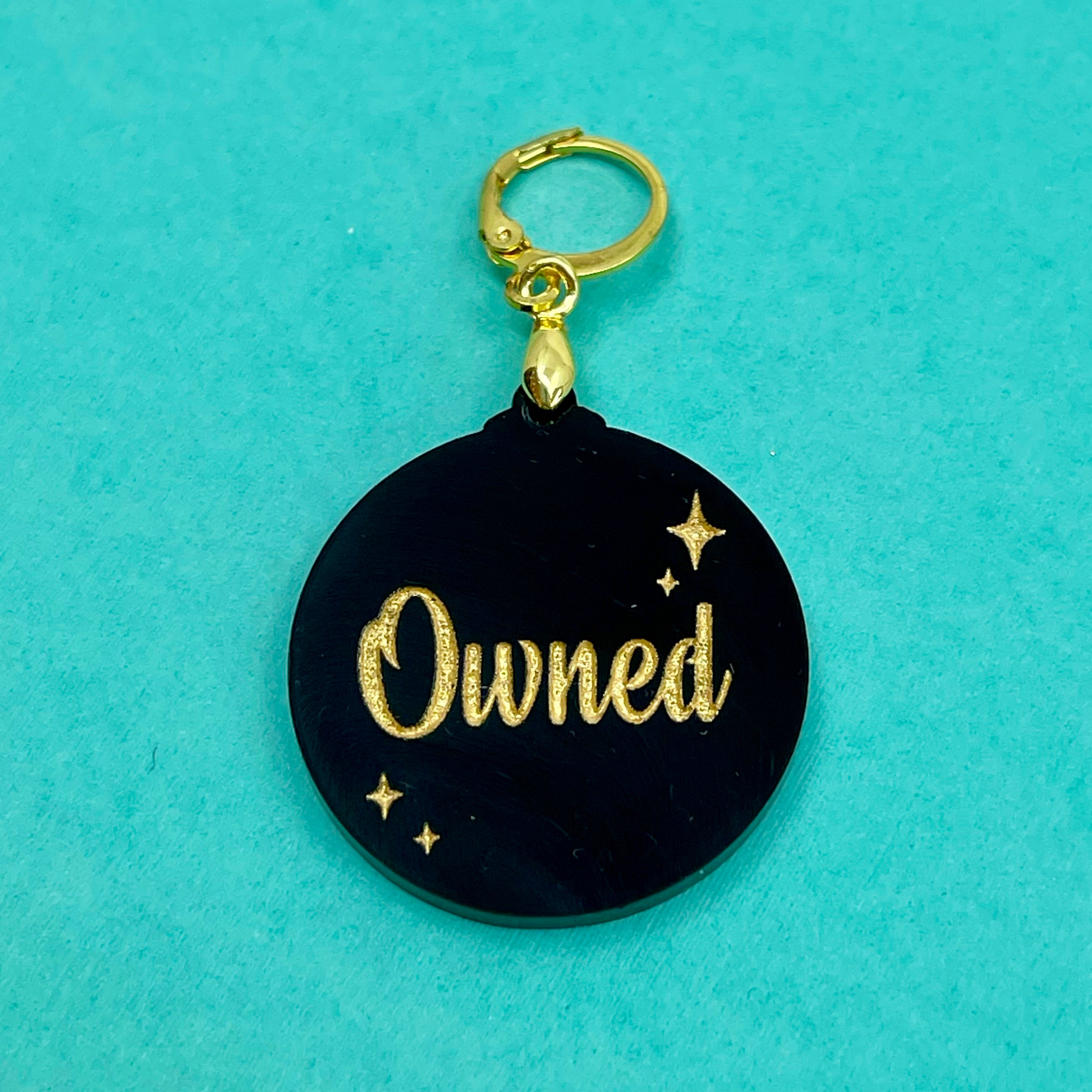 Retro Sparkle 'Owned' Collar Tag - Black & Gold