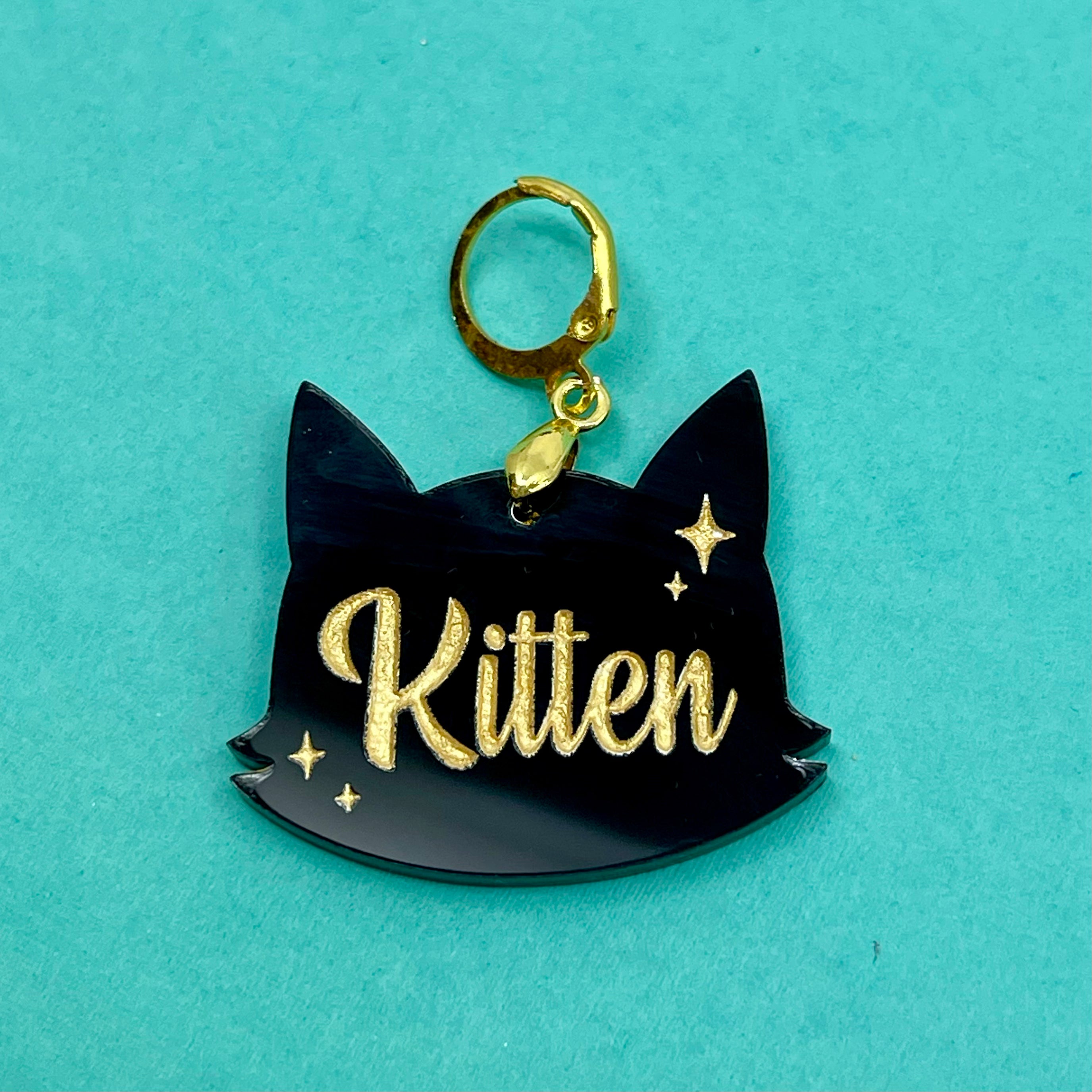 Retro Sparkle 'Kitten' Collar Tag - Black & Gold