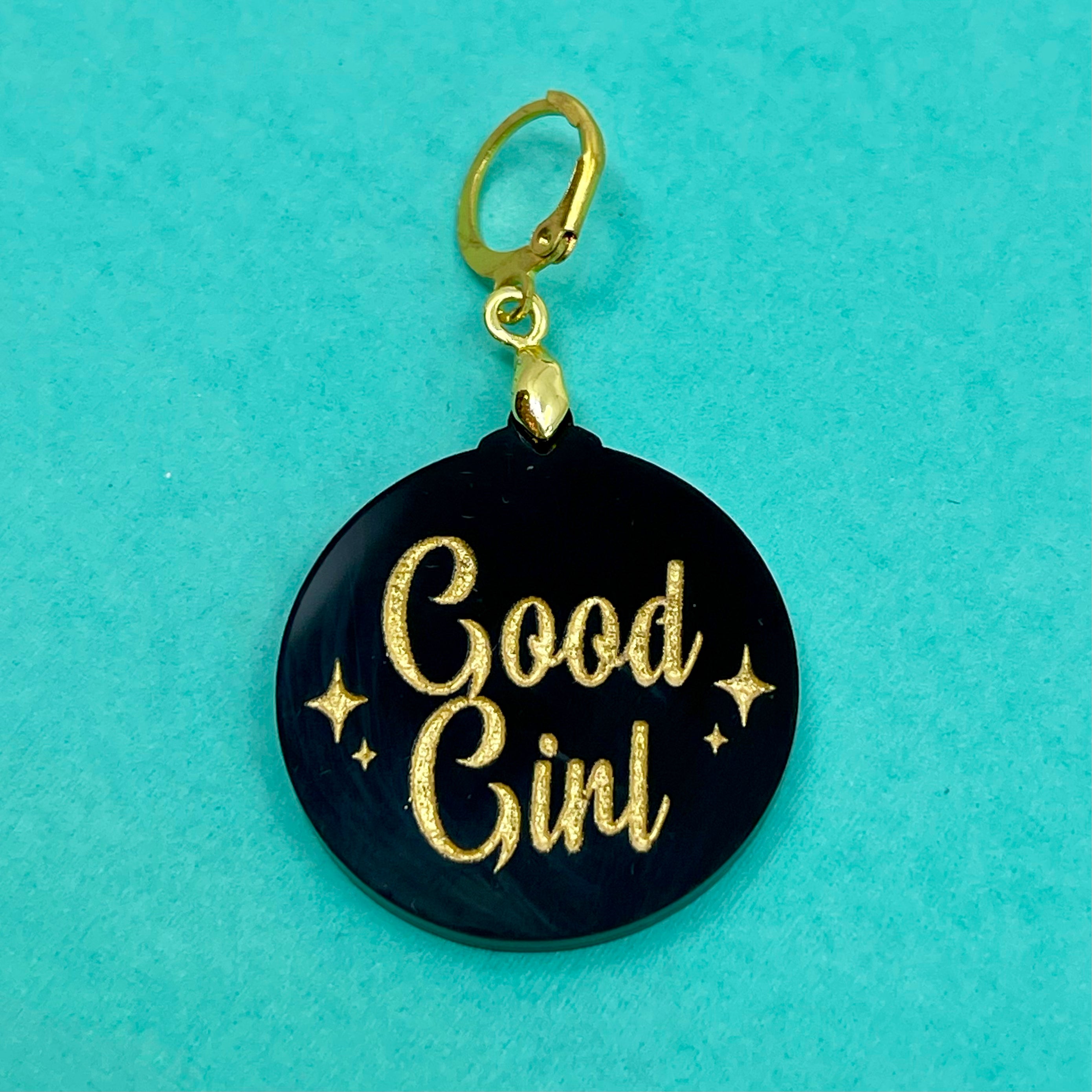 Retro Sparkle 'Good Girl' Collar Tag - Black & Gold