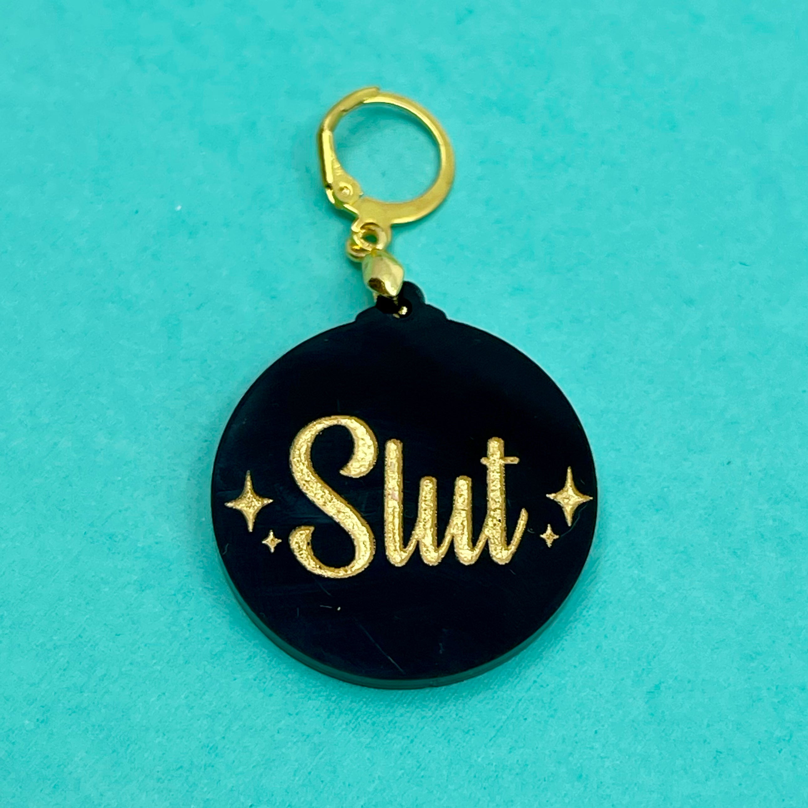 Retro Sparkle 'Slut' Collar Tag - Black & Gold