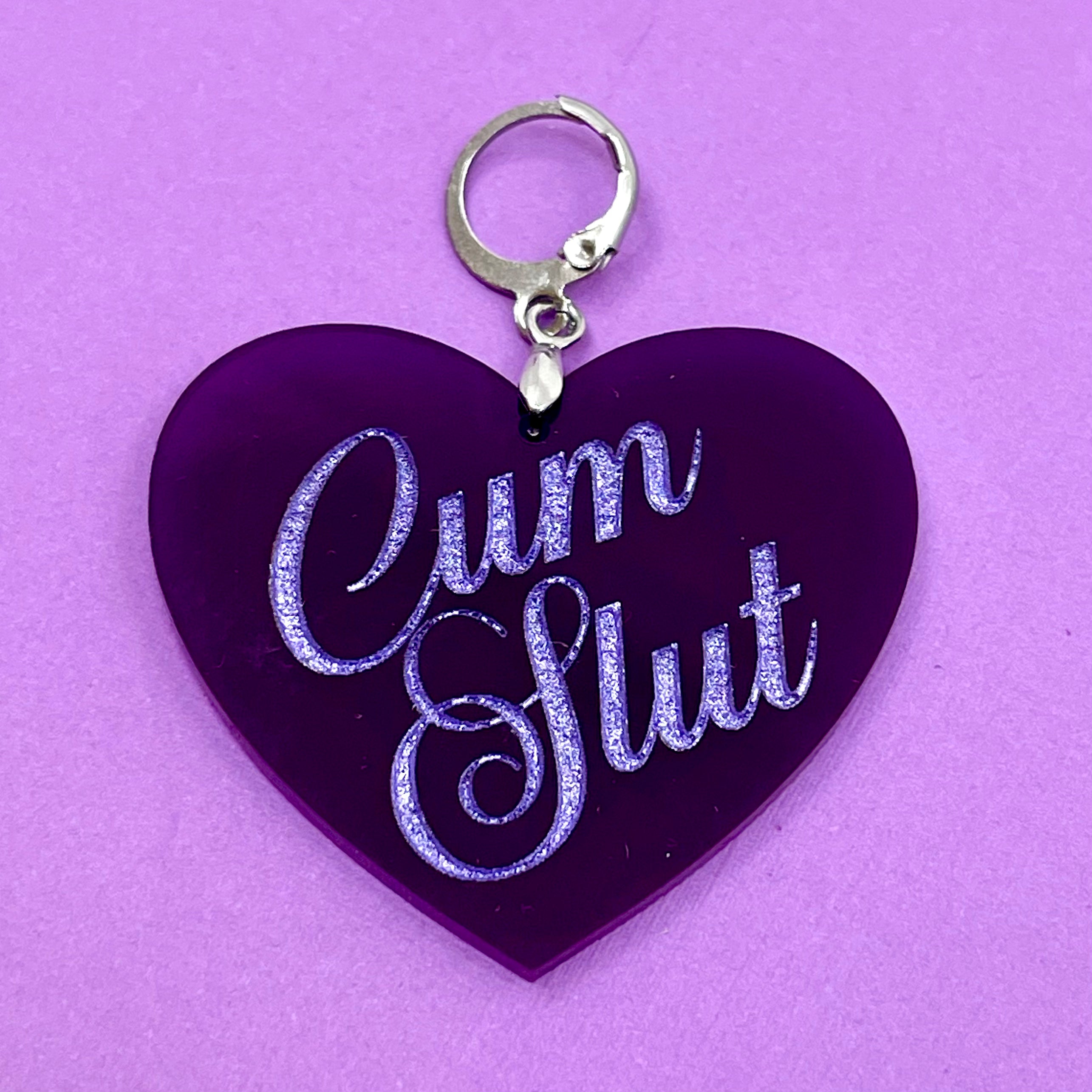 Cum Slut XL Heart Collar Tag - Purple
