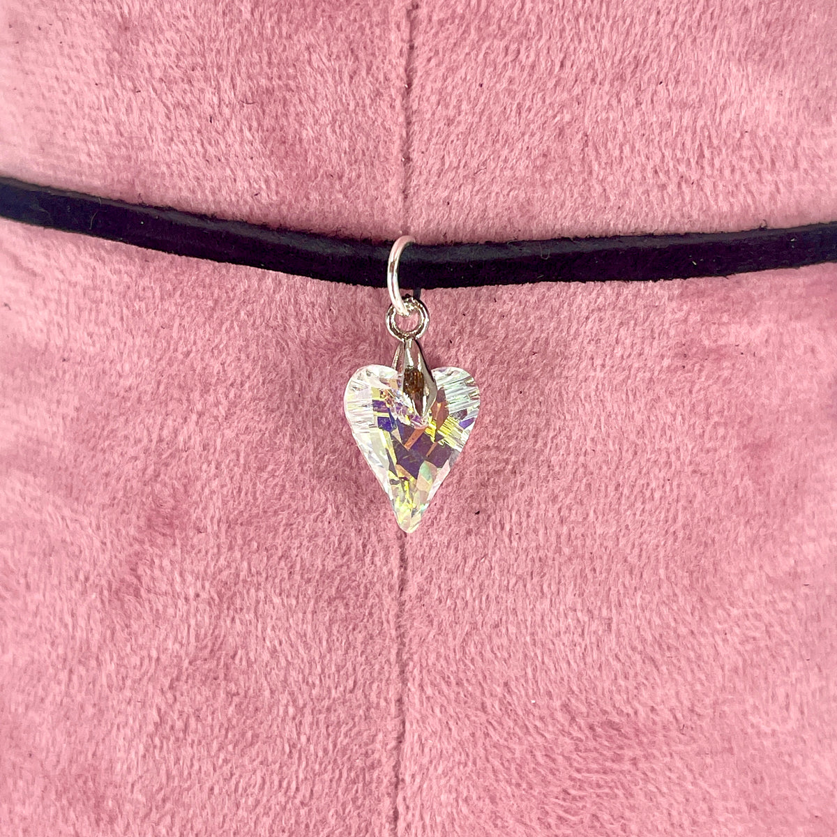 Sterling & Suede Lace Choker with Clear Swarovski Heart Drop