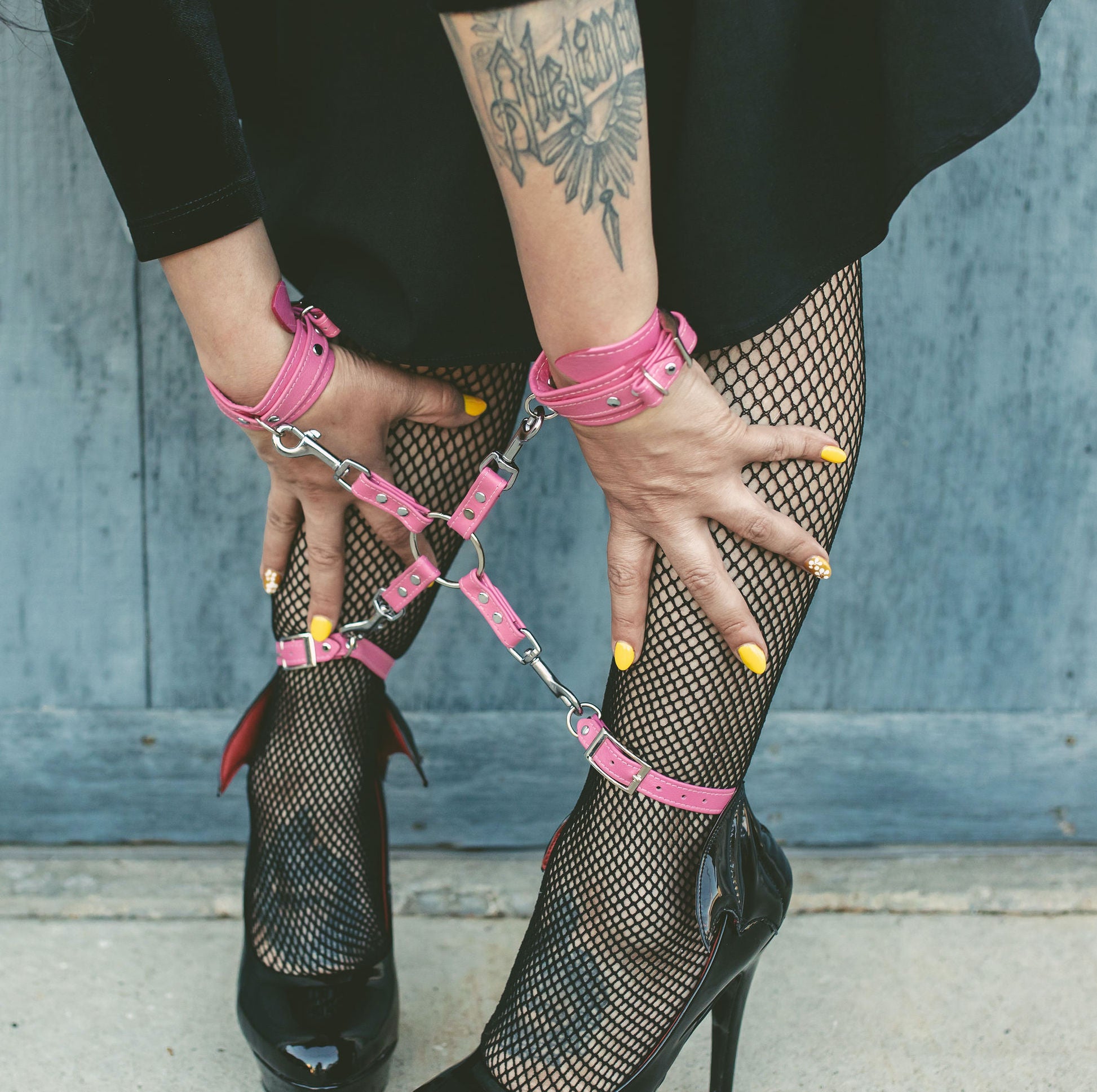 Design Your Own Leather Bondage Hogtie - BDSM Quad Clip Bondage Strap Restrained Grace