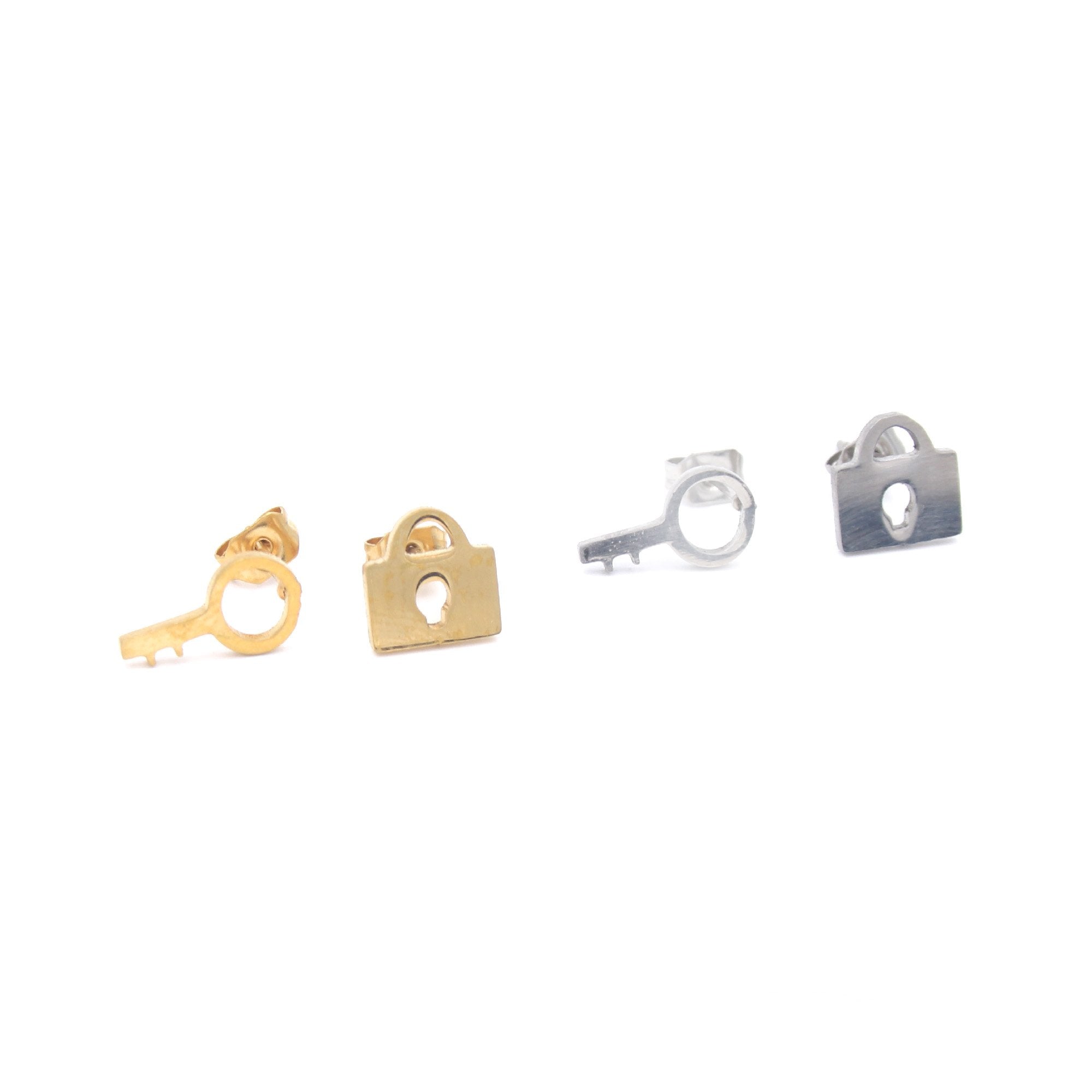 Lock and Key Stud Earrings in Silver or Gold Earrings Restrained Grace