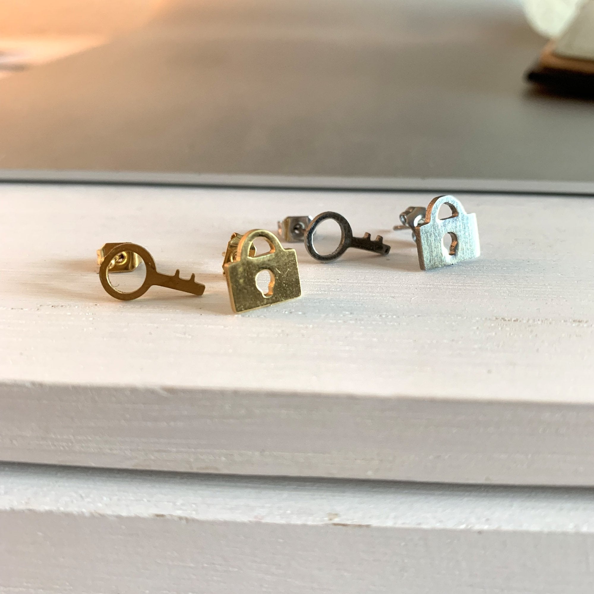 Lock and Key Stud Earrings in Silver or Gold Earrings Restrained Grace