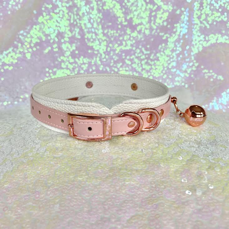 Carnation Pink and White Vegan Reindeer Collar - BDSM Collar with Jingle Bells Collar Restrained Grace   
