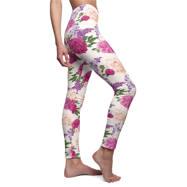 Pink Peony Floral Soft Touch Leggings Leggings Restrained Grace M White stitching 