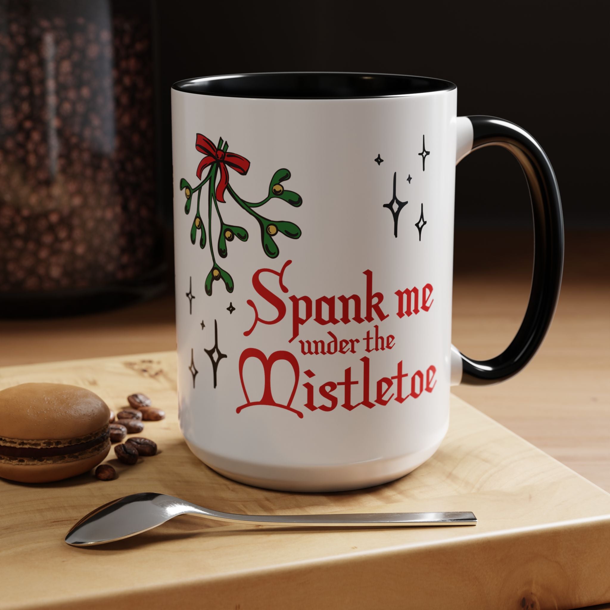 Spank Me Under the Mistletoe - Retro Christmas Mug Mug Restrained Grace 15oz Black 