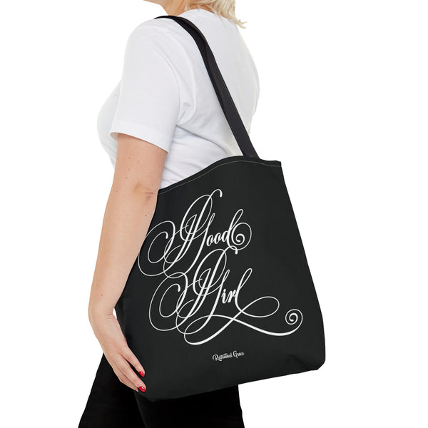 Good Girl Calligraphy Tote Bag - 16" Bags Restrained Grace 16" × 16'' Black 