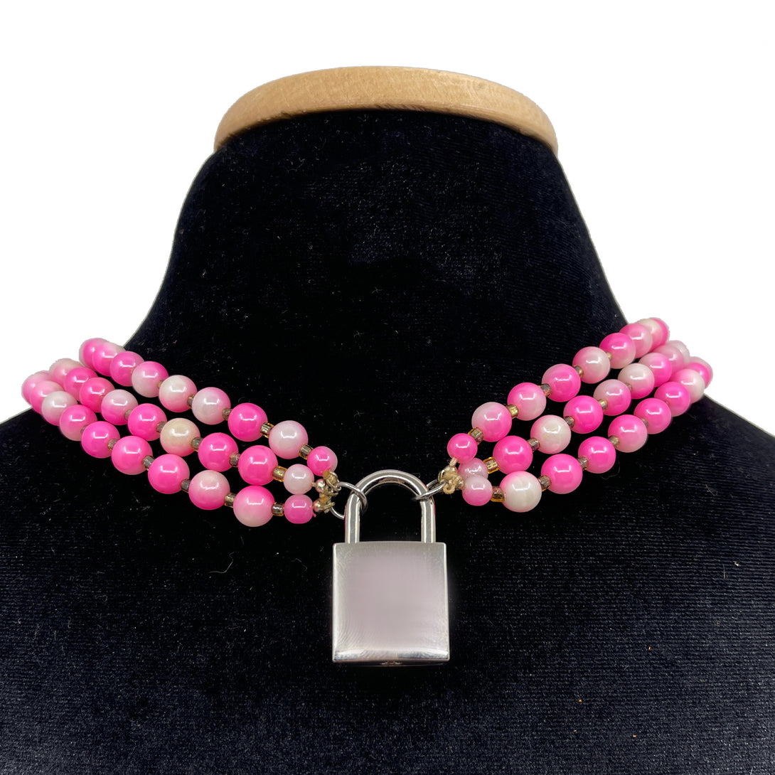True Vintage Day Collar - 19"+ Triple Strand Pink 1960s Acrylic Pearls  -  #723-12 Day Collar Restrained Grace   