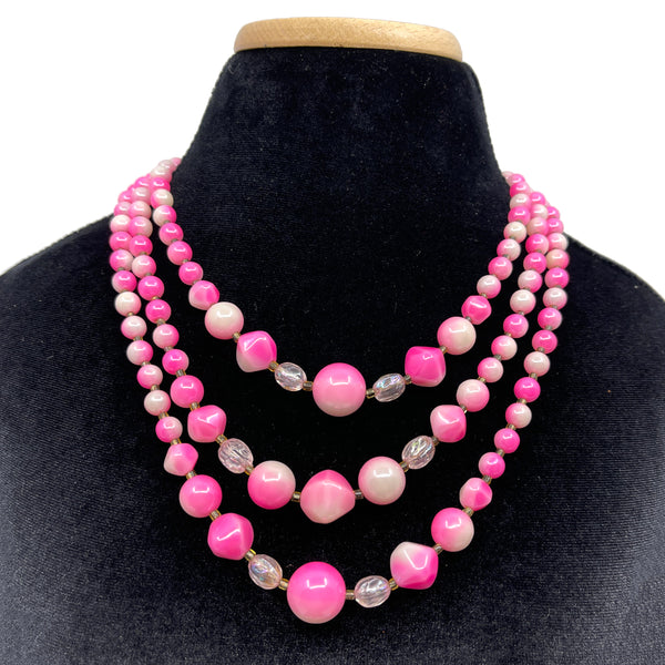 True Vintage Day Collar - 19"+ Triple Strand Pink 1960s Acrylic Pearls  -  #723-12 Day Collar Restrained Grace   