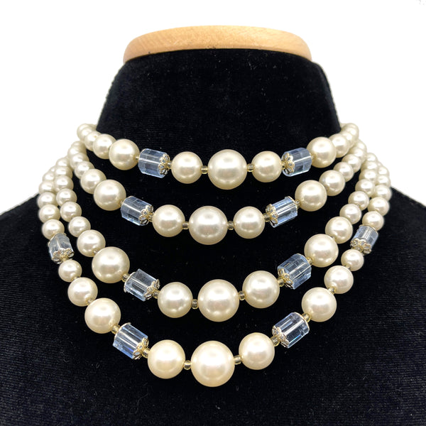 True Vintage Day Collar - 14"+ Four Strand 1960s Pearls & Crystals -  #723-7 Day Collar Restrained Grace   