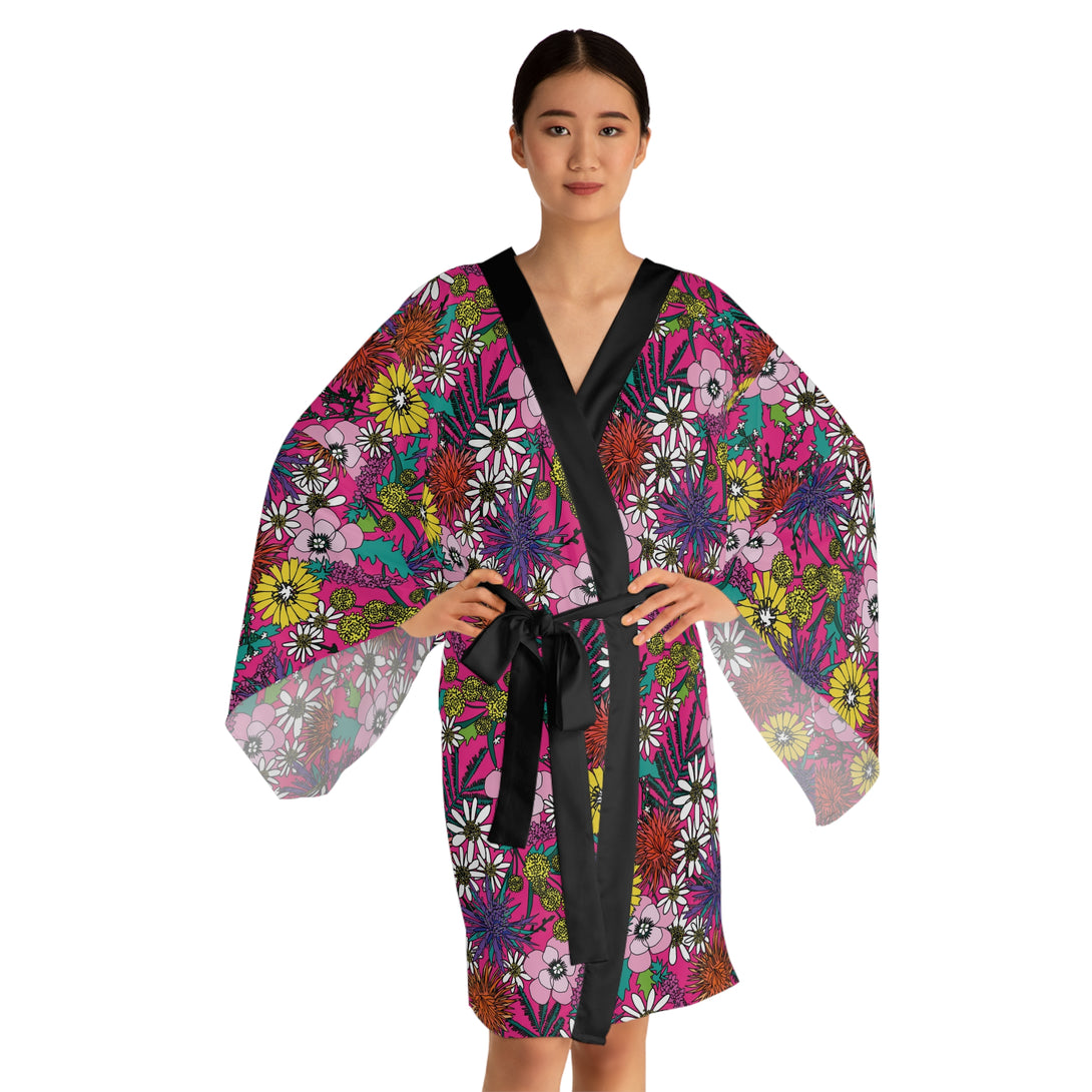 Vivid Vintage Floral Kimono Robe Restrained Grace XL Black 