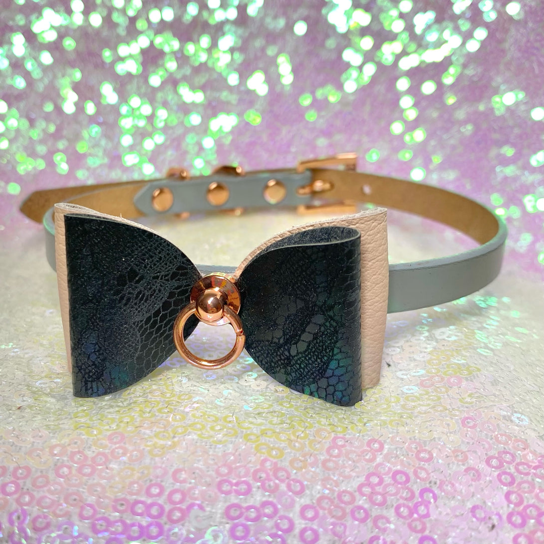 Sample Sale - Lace Bow Mini Collar - Gray and Rose Gold - 12"-15" Sample Sale Restrained Grace   