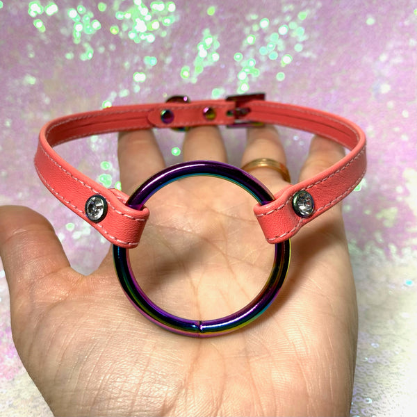 Sample Sale - Ring of O Mini Collar - Neon Coral and Iridescent Rainbow - 13"-15" Sample Sale Restrained Grace   