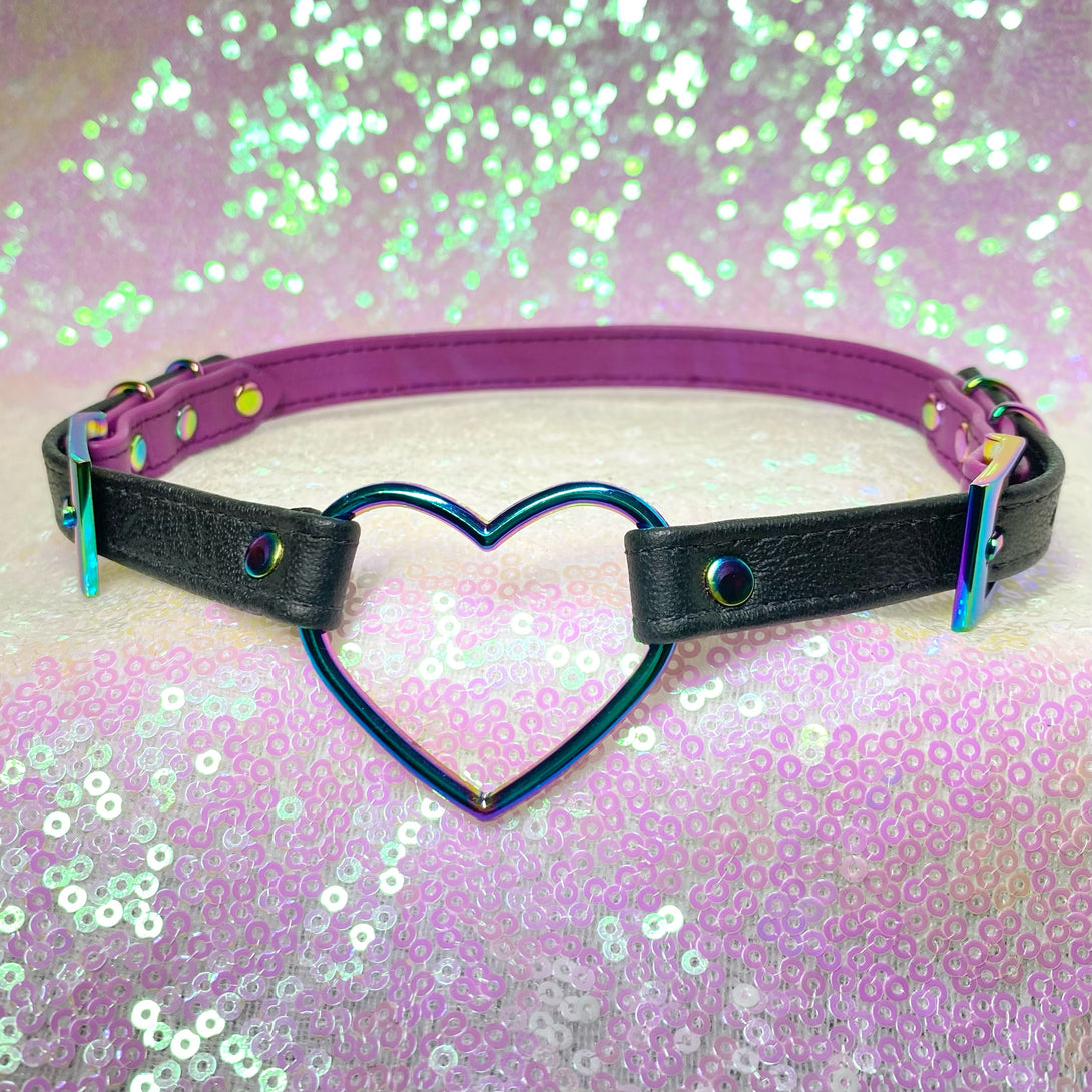 Sample Sale - Petite Double Buckle Heart Ring of O Collar - Black, Amethyst, and Iridescent Rainbow - 14.5"-16.5" Sample Sale Restrained Grace   