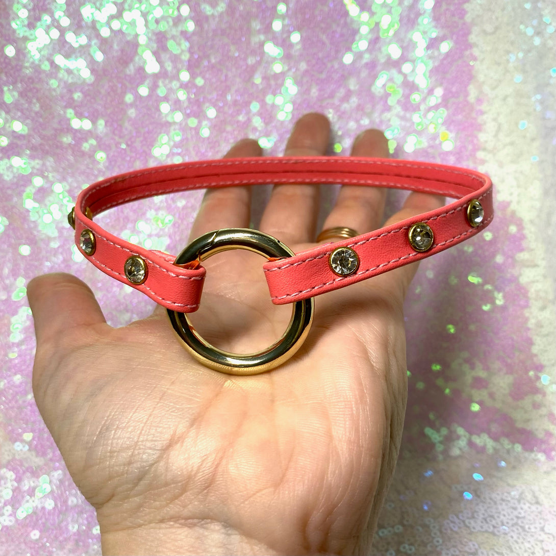 Sample Sale - Rhinestone Sleek Ring of O Collar - Neon Coral and Gold - 12.5" Sample Sale Restrained Grace   