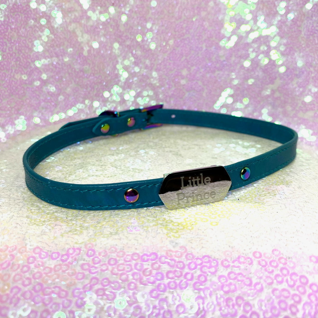 Sample Sale - Engraved Hexagon Mini Collar - Teal and Iridescent Rainbow - 13"-15" Sample Sale Restrained Grace   