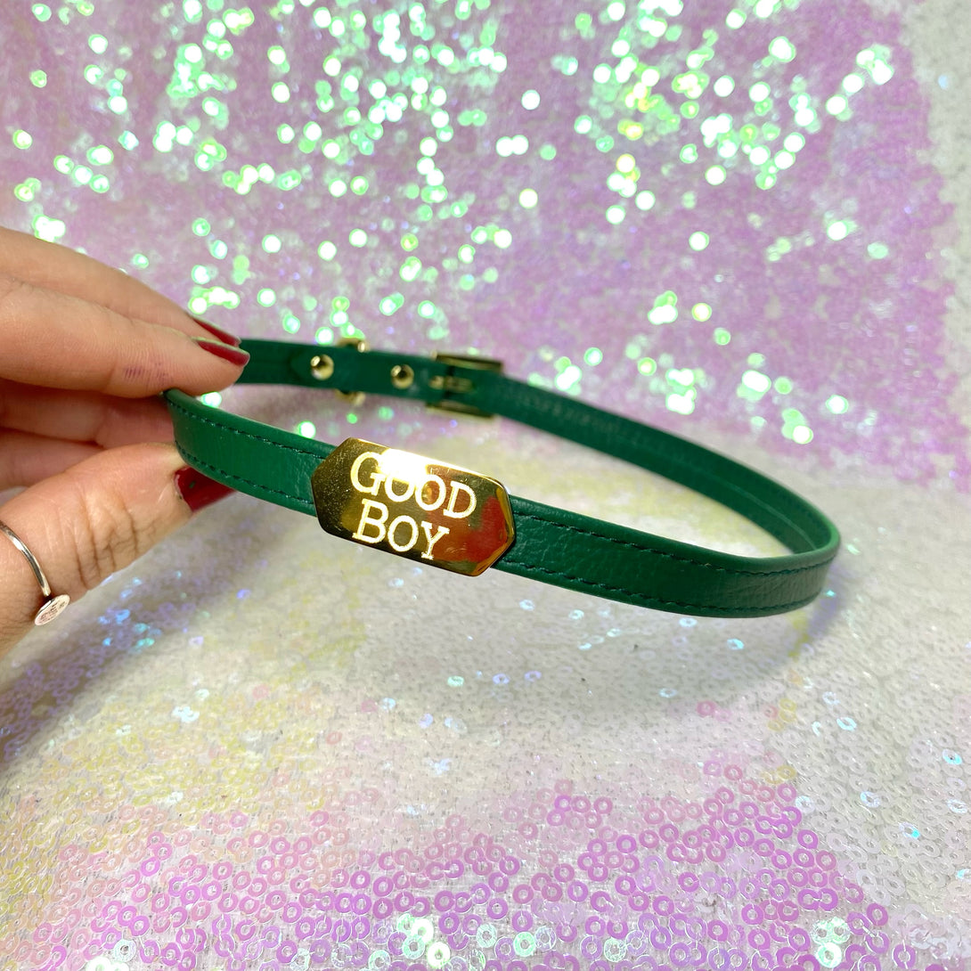 Sample Sale - Engraved Hexagon Mini Collar - Emerald and Gold - 14.5"-16.5" Sample Sale Restrained Grace   