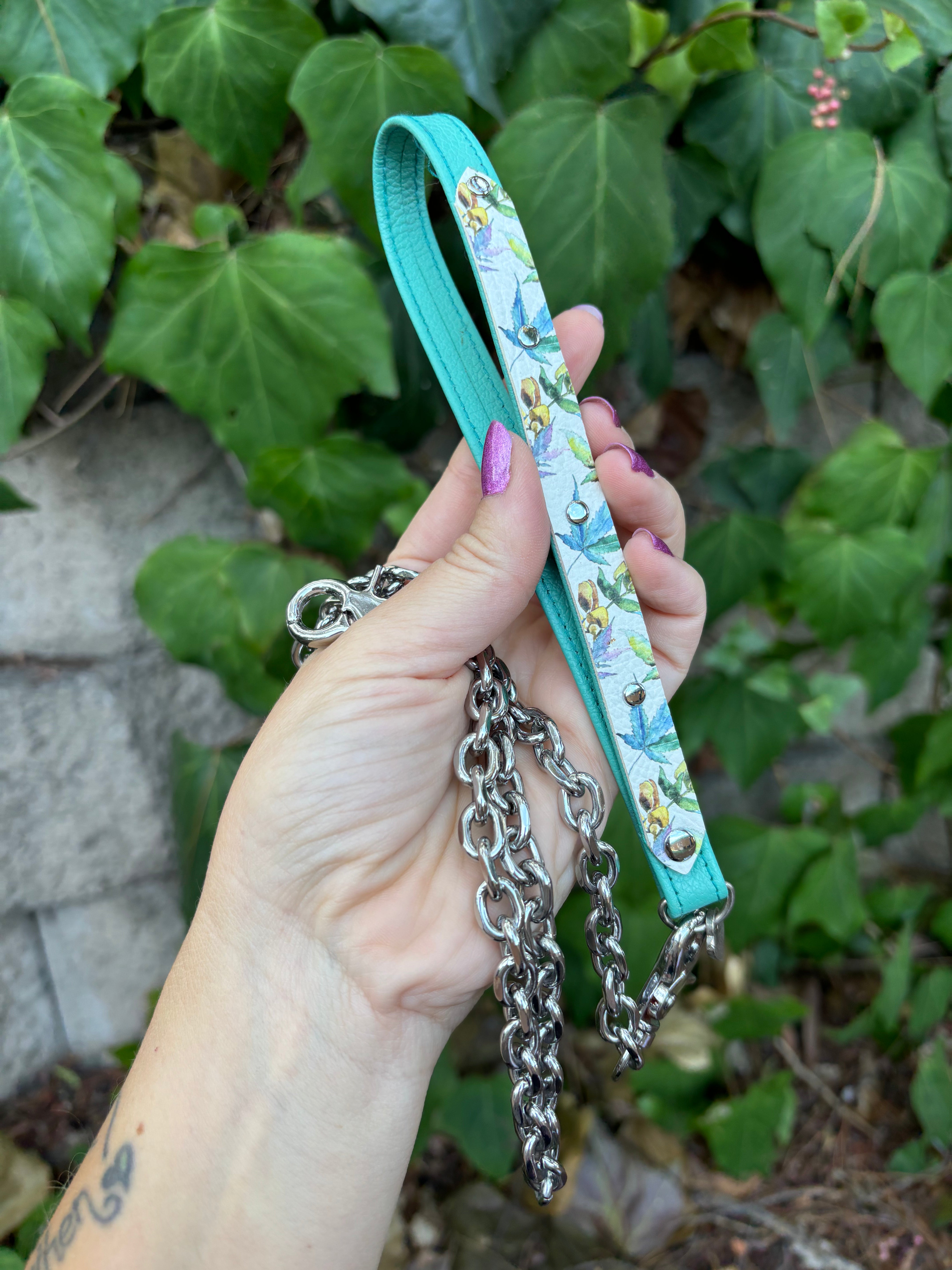 Sample Sale - Petite Leash - Aqua, Watercolor Weed Print, and Silver Collar Restrained Grace