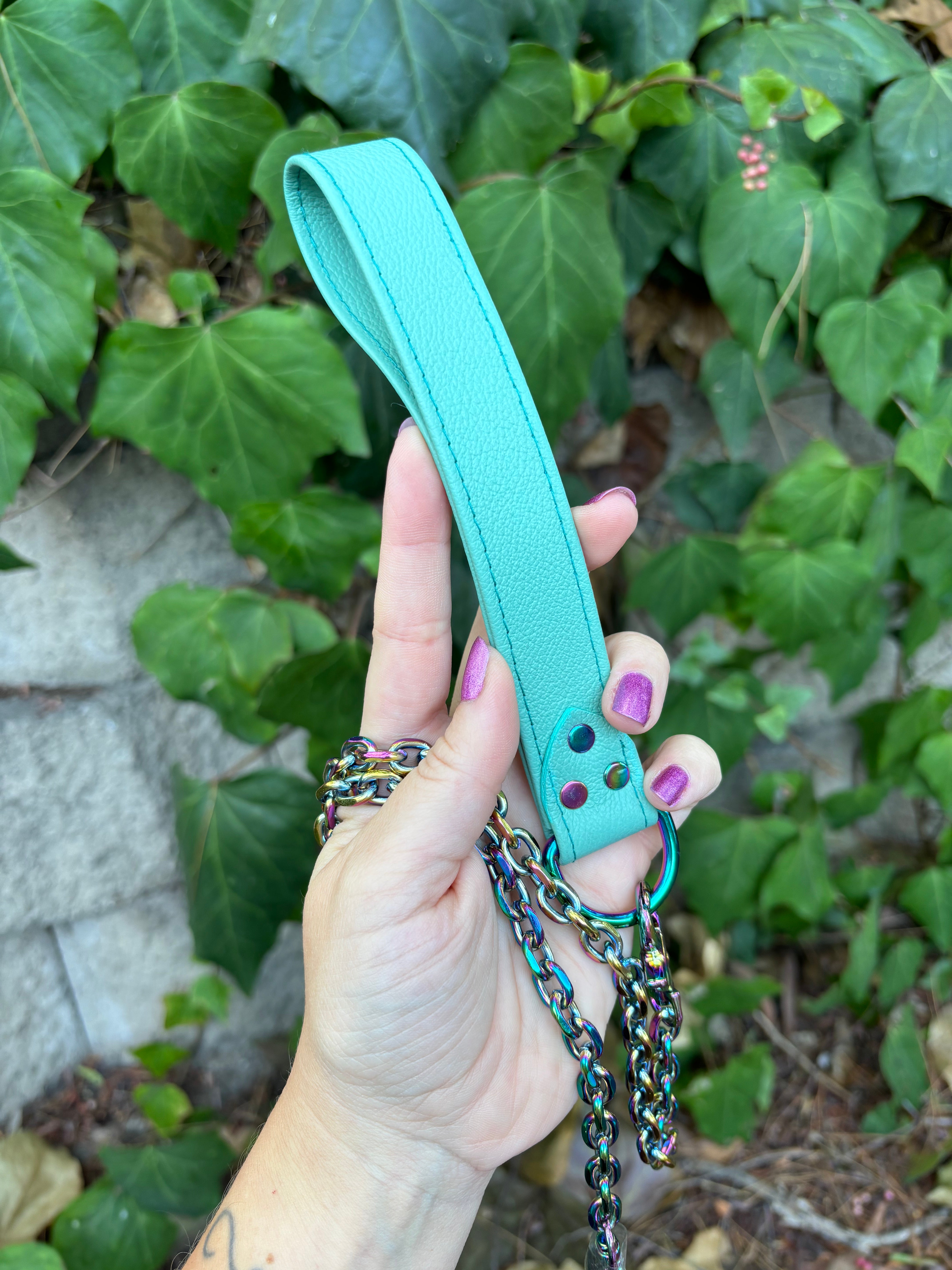 Sample Sale - Classic Leash - Aqua and Iridescent Rainbow Collar Restrained Grace
