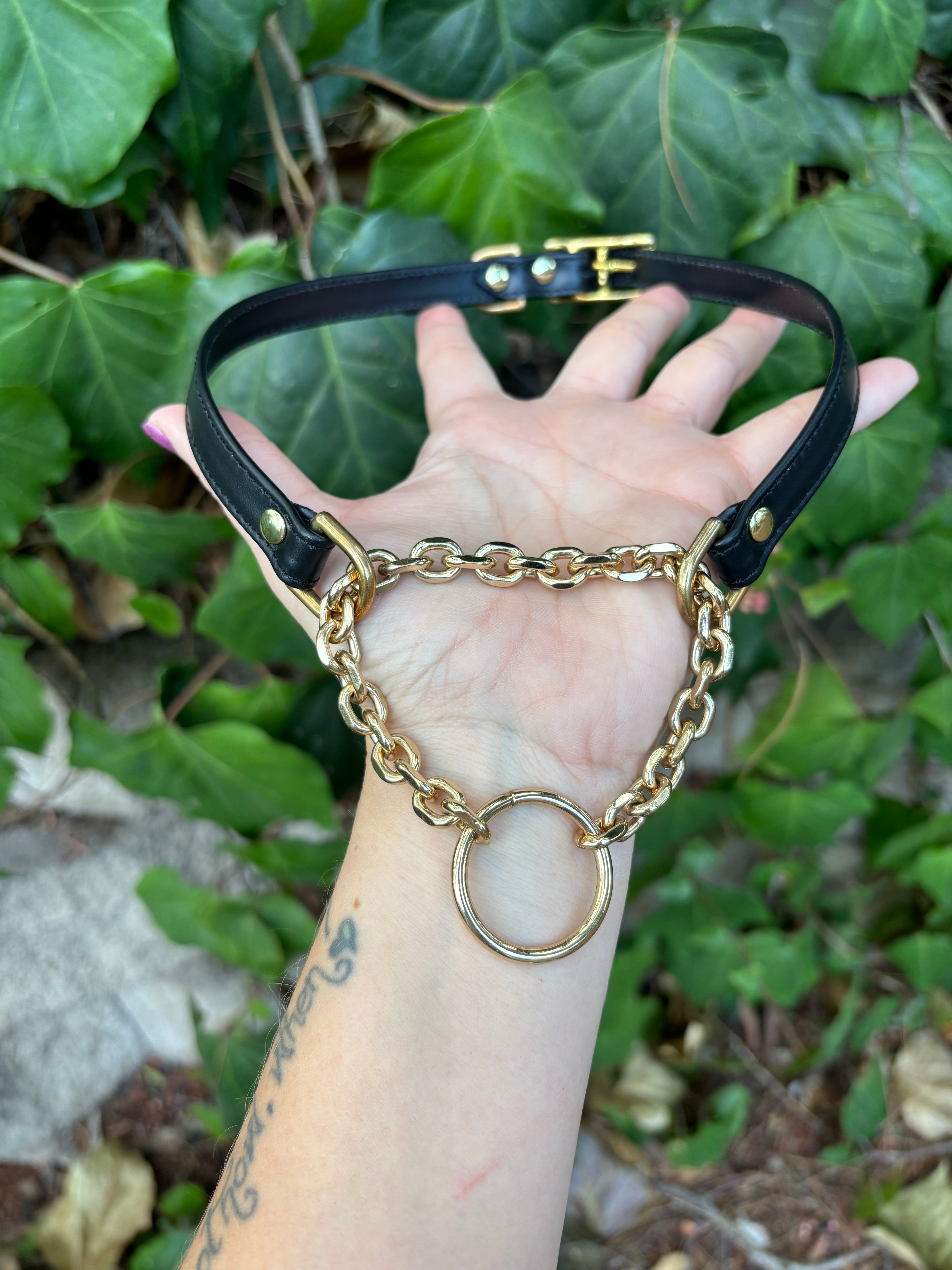 Sample Sale - Black and Raw Brass Martingale Collar - 19”-21” Collar Restrained Grace