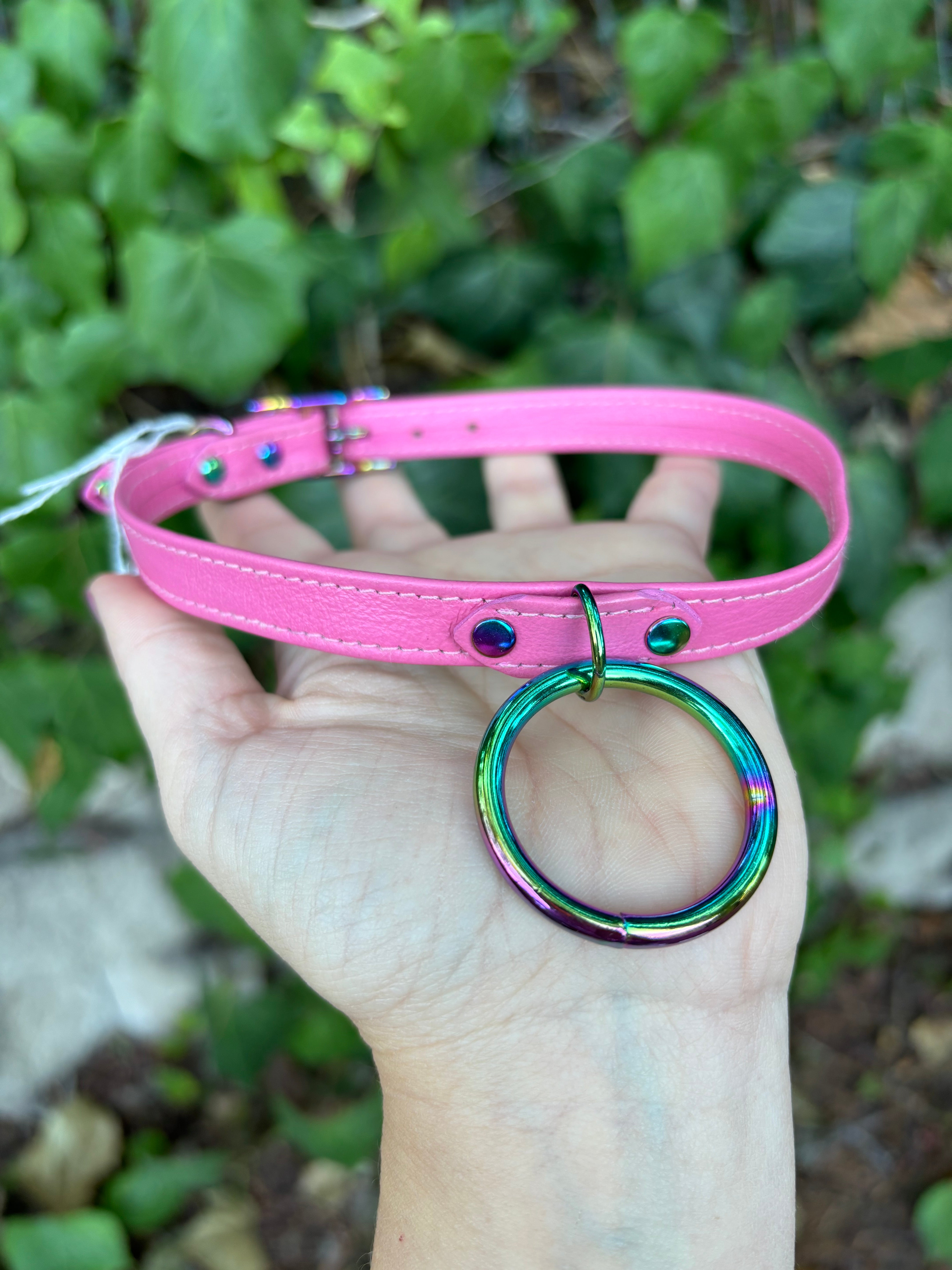Sample Sale - Drop Ring of O Collar - Flamingo Pink and Rainbow - 13”-15” Collar Restrained Grace