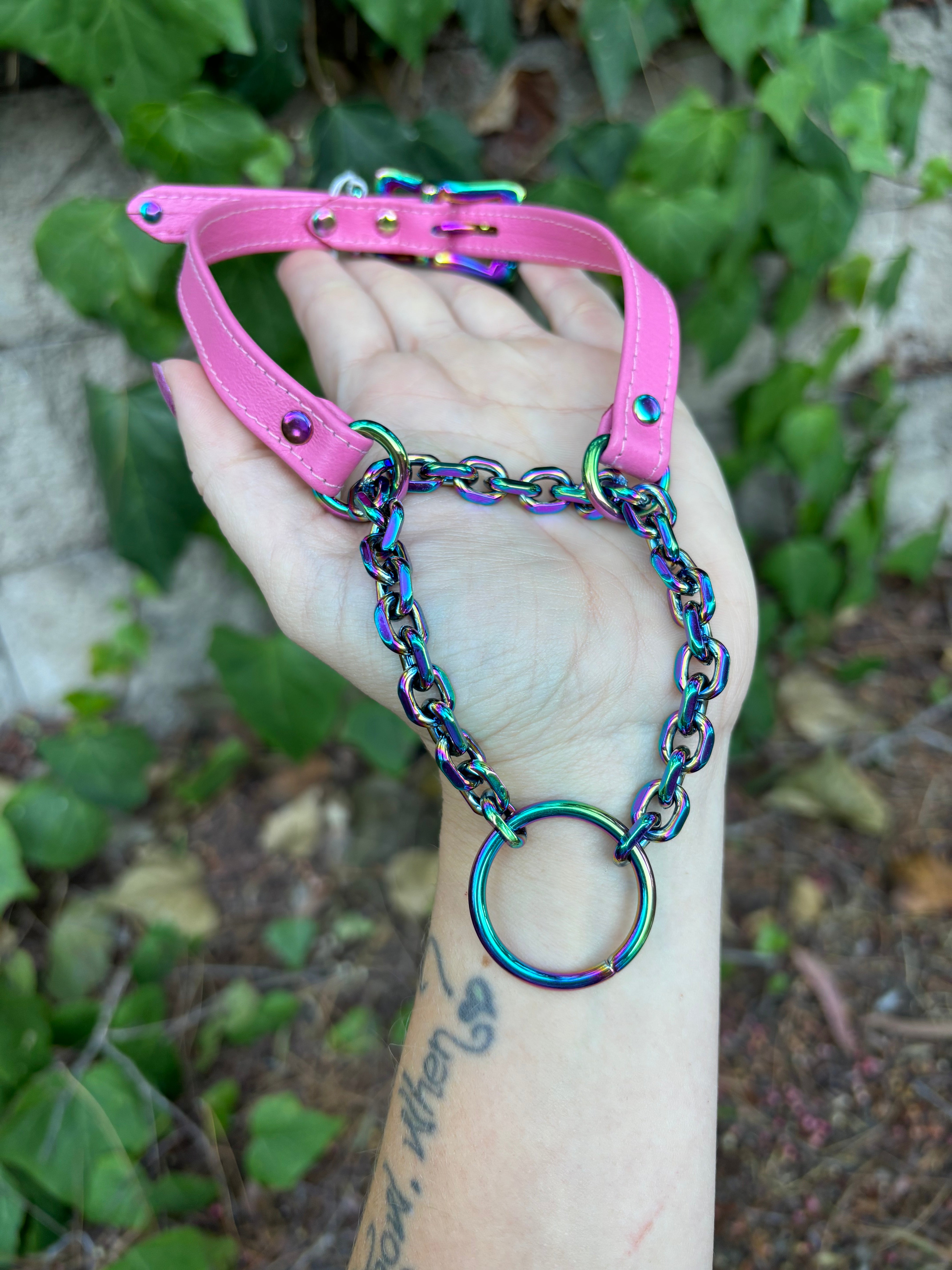 Sample Sale - Flamingo Pink and Iridescent Rainbow Martingale Collar - 14.5”-16.5” Collar Restrained Grace