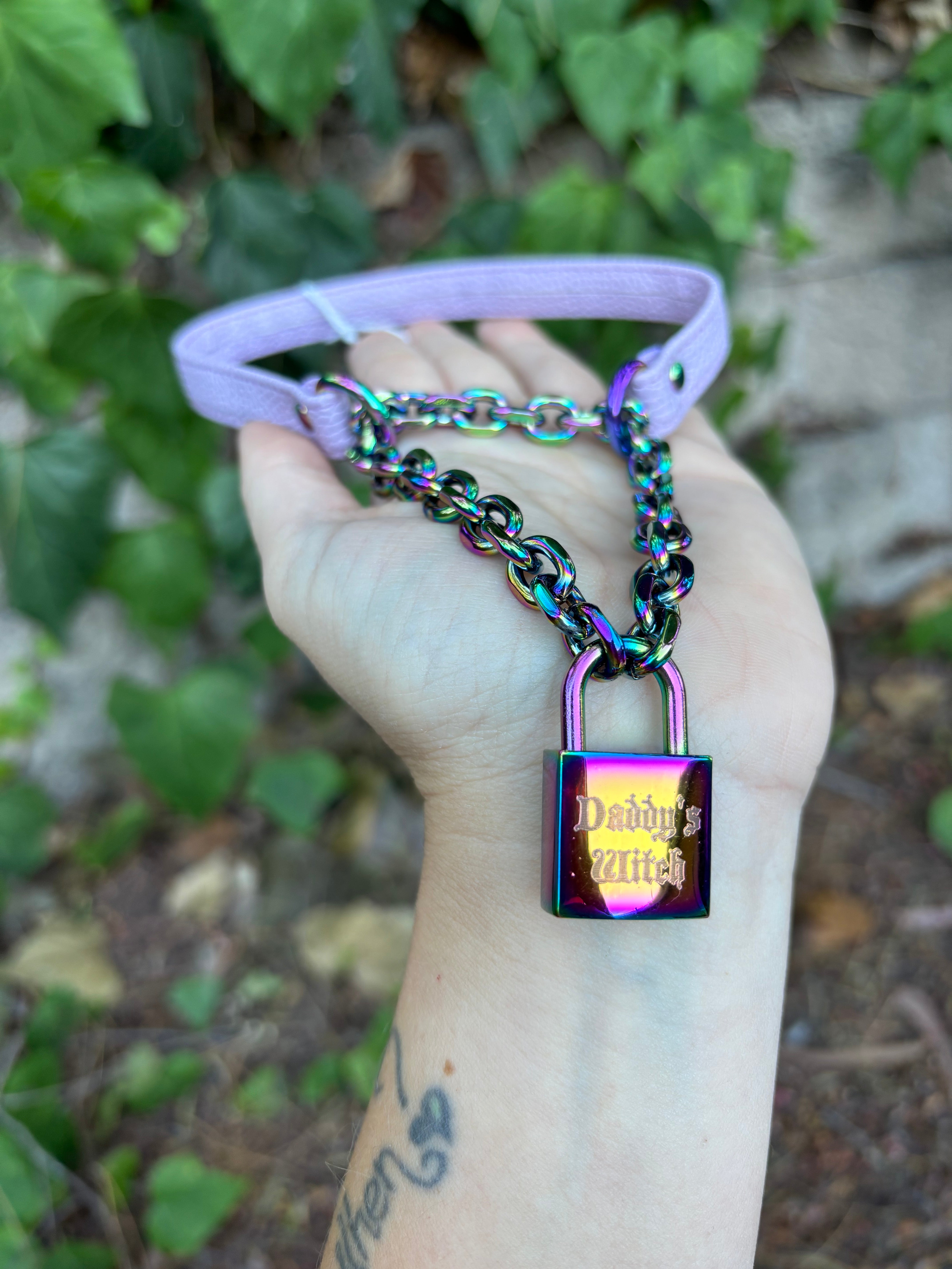 Sample Sale - Vegan Lavender and Rainbow Locking Martingale “Daddy’s Witch” Collar - 13” Collar Restrained Grace
