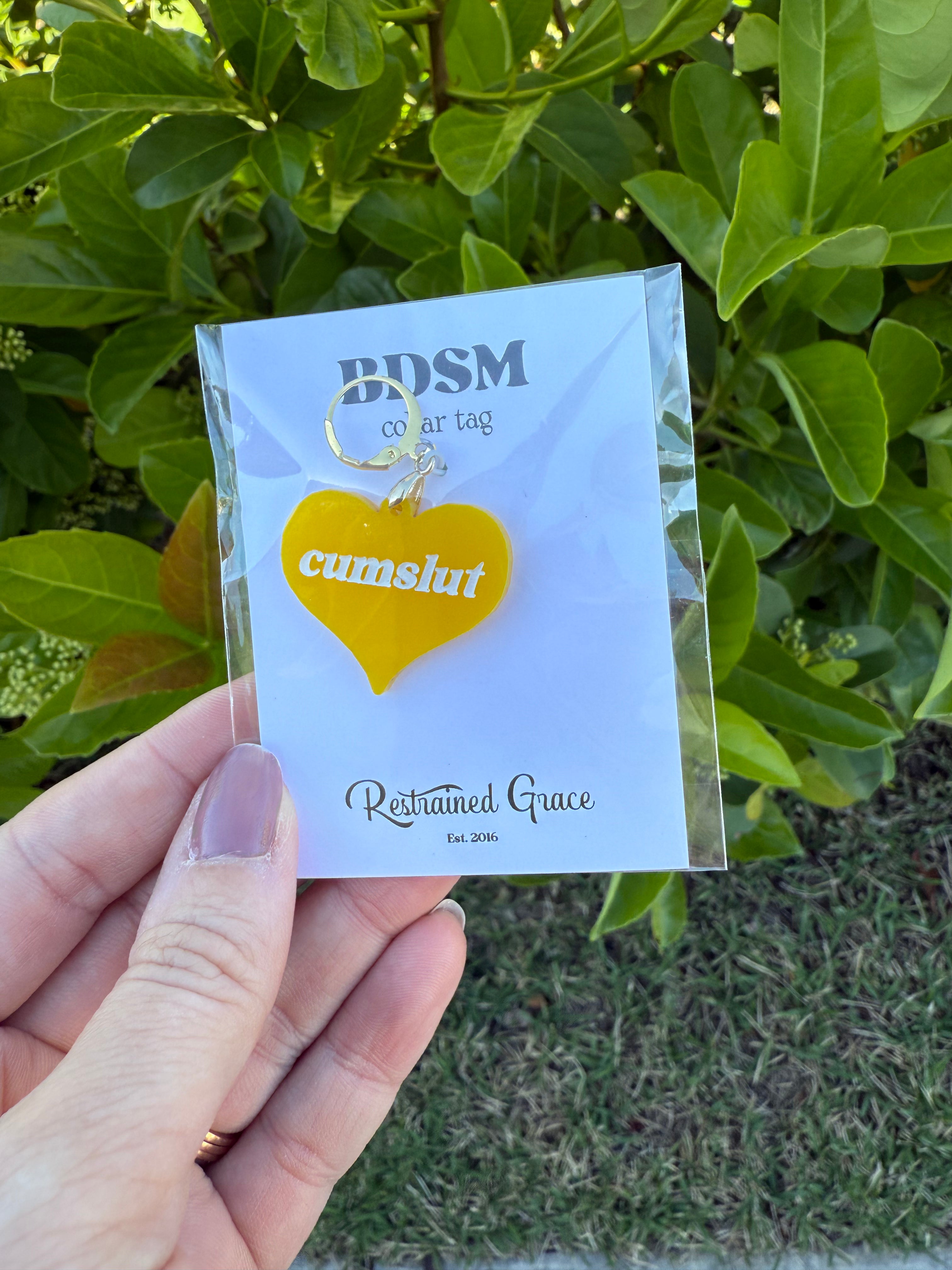 Sample Sale - Acrylic Collar Tag - "cumslut" Collar Restrained Grace