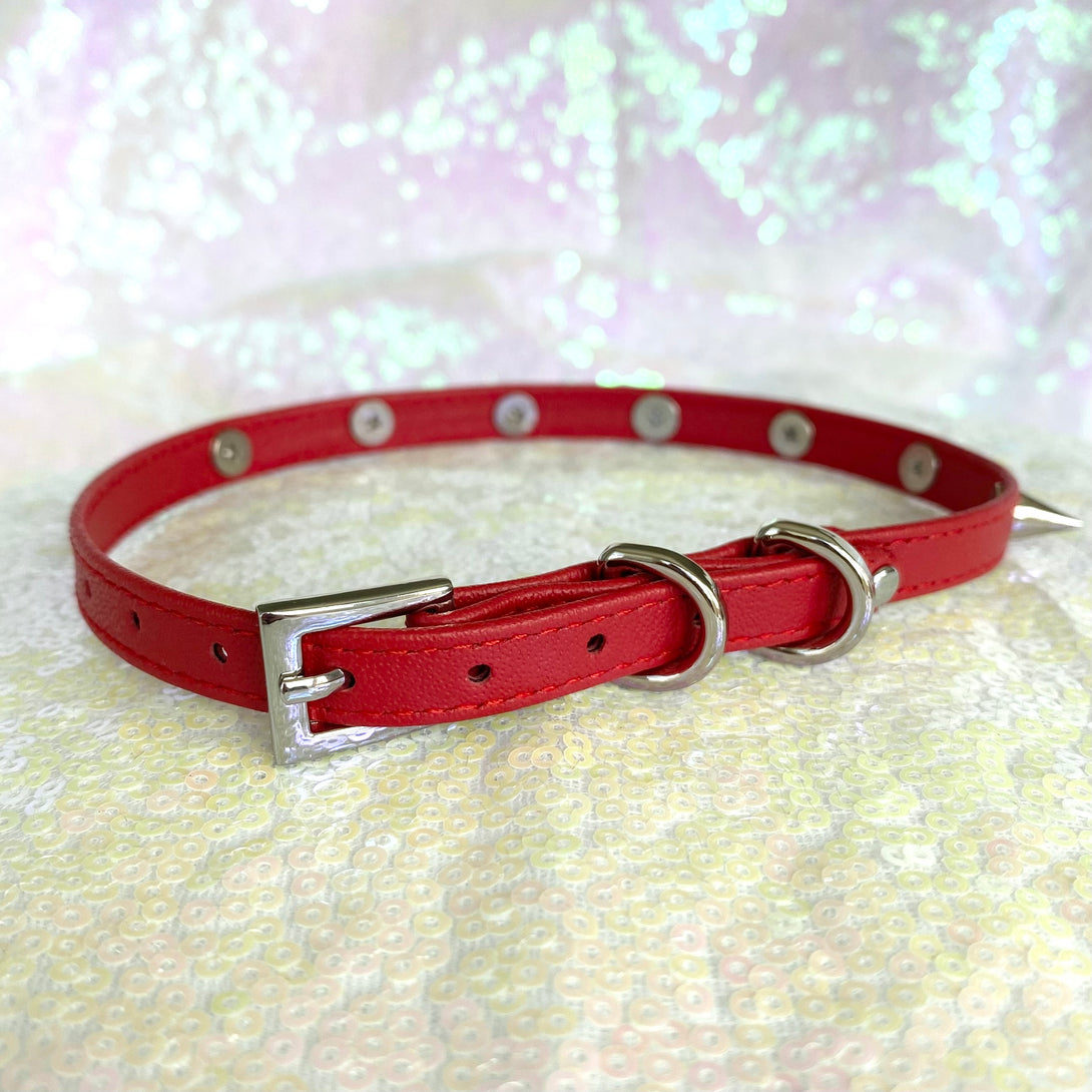 Cherry Red Leather Spiked Mini BDSM Collar Collar Restrained Grace   