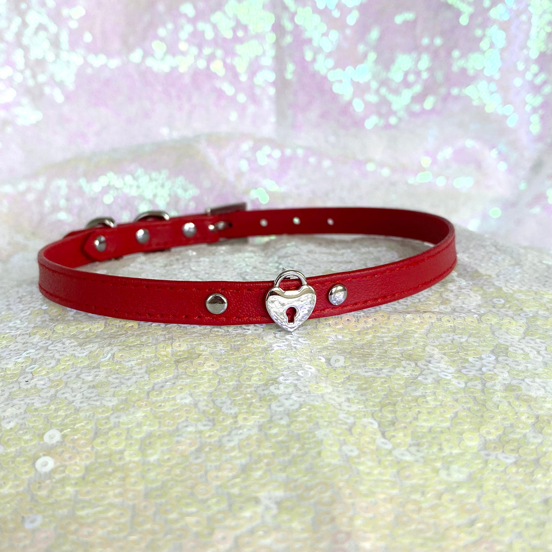 Red Leather Padlock Charm Mini Collar -  BDSM Day Collar Collar Restrained Grace   