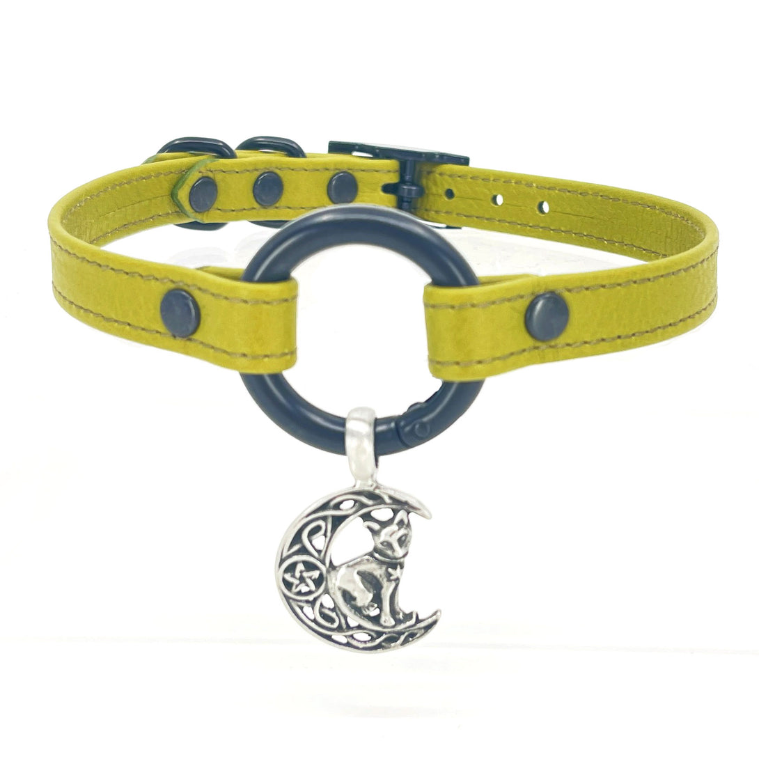 Olive Green Crescent Moon Cat Petite BDSM Collar Collar Restrained Grace   