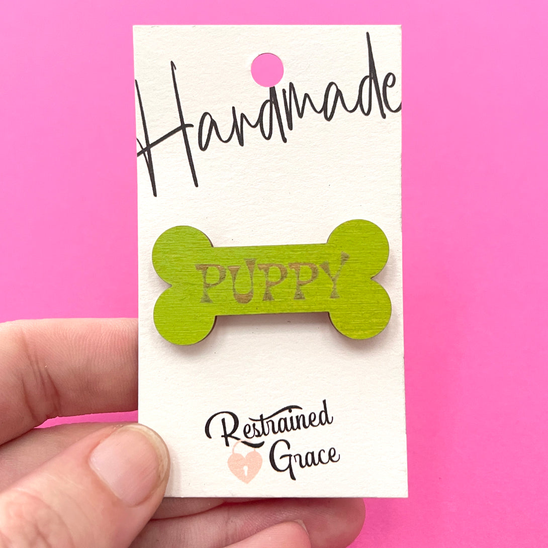 Sample Sale - Lime Green Puppy Bone Wooden Lapel Pin Sample Sale Restrained Grace   