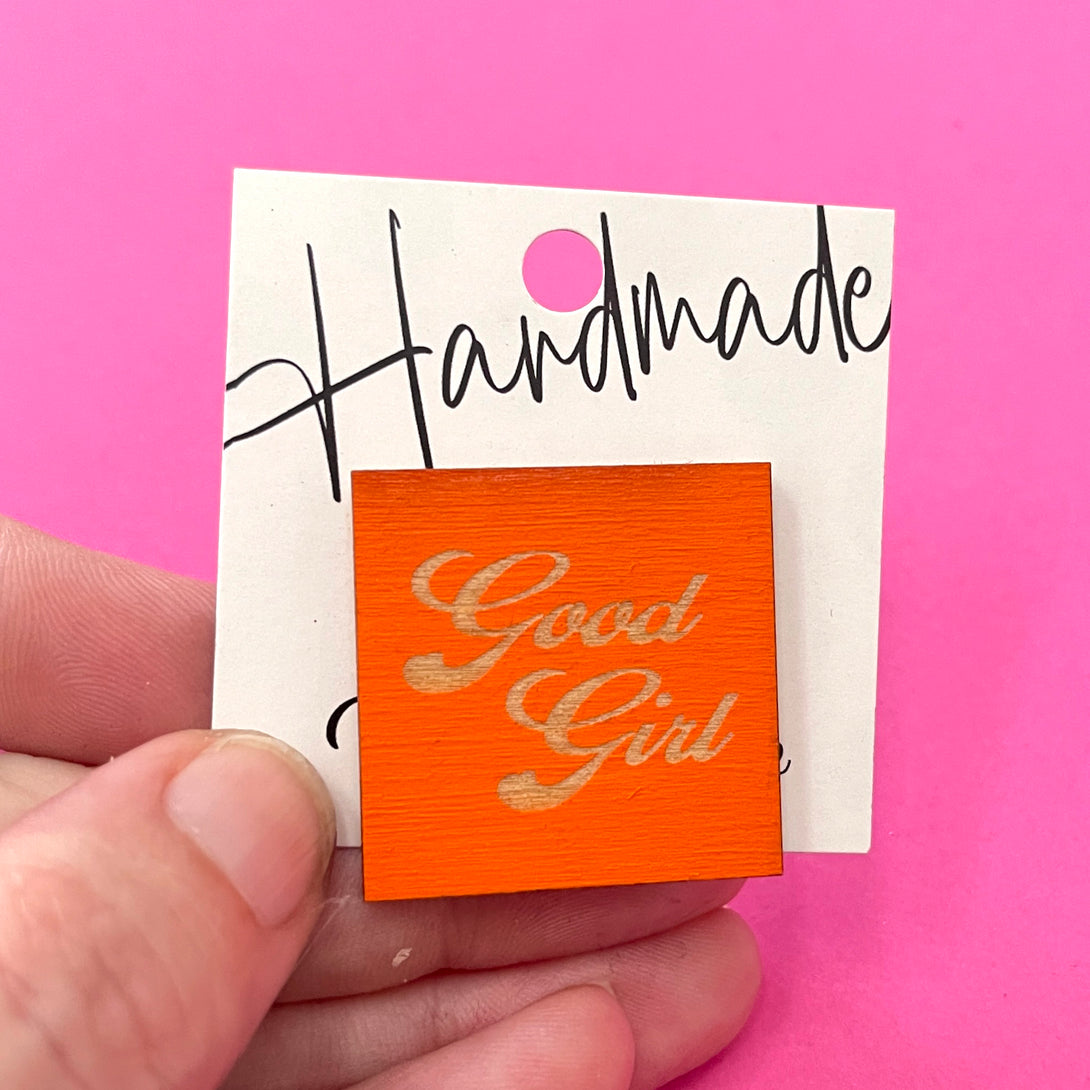 Sample Sale - Orange Good Girl Wooden Lapel Pin Sample Sale Restrained Grace   