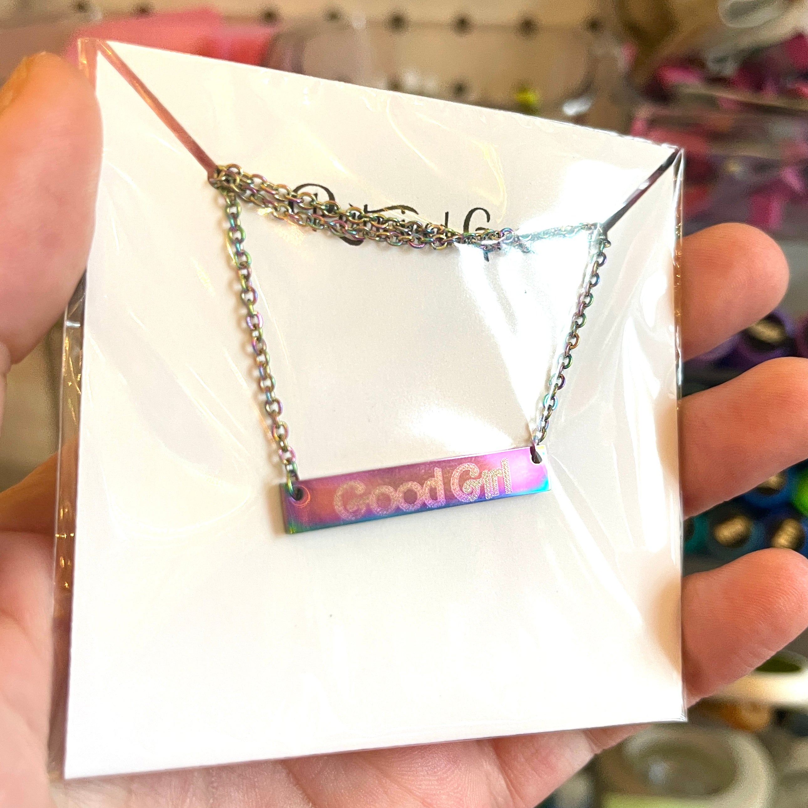 Sample Sale - Necklace - Iridescent Rainbow Bar "Good Girl/Brat"