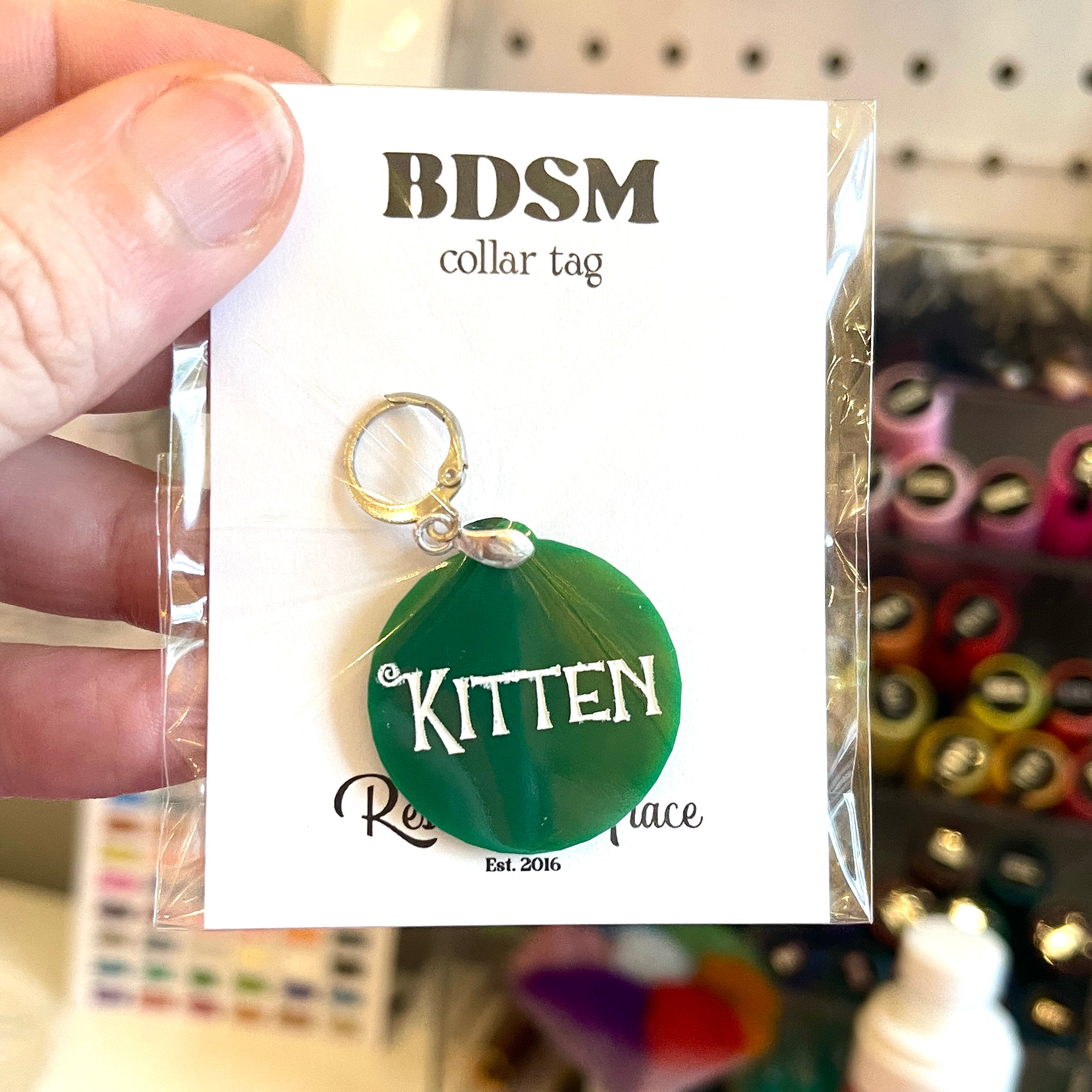 Sample Sale - Collar Tag - Round Green Acrylic "Kitten" Collar Tag Restrained Grace