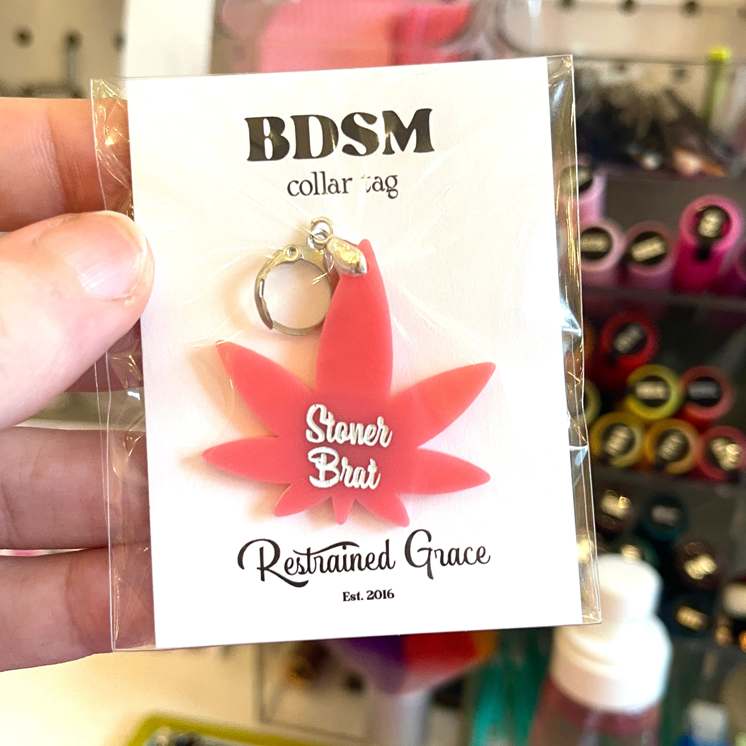 Sample Sale - Collar Tag - Pink Leaf "Stoner Brat" Sample Sale Restrained Grace