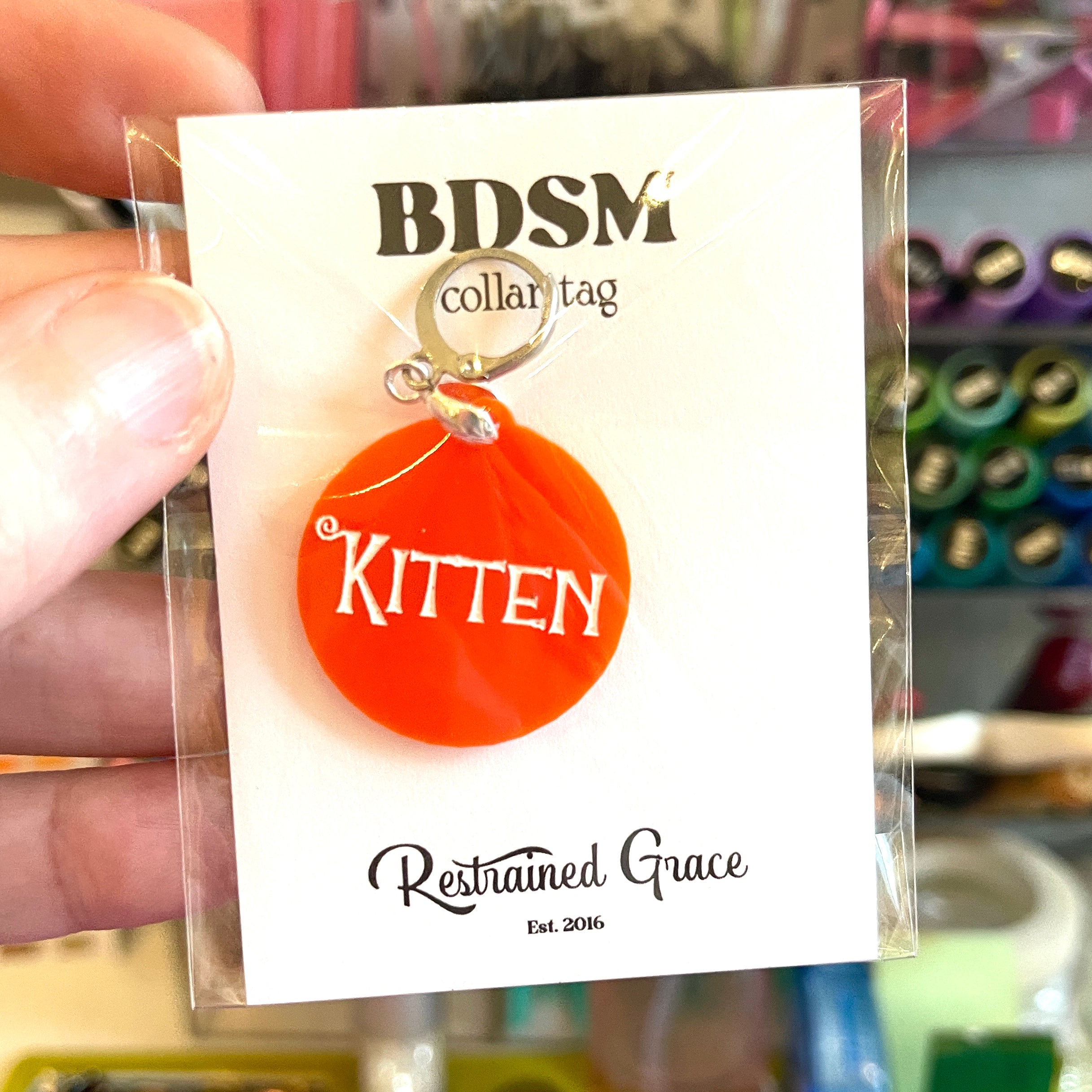 Sample Sale - Collar Tag - Round Orange Acrylic "Kitten" Collar Tag Restrained Grace