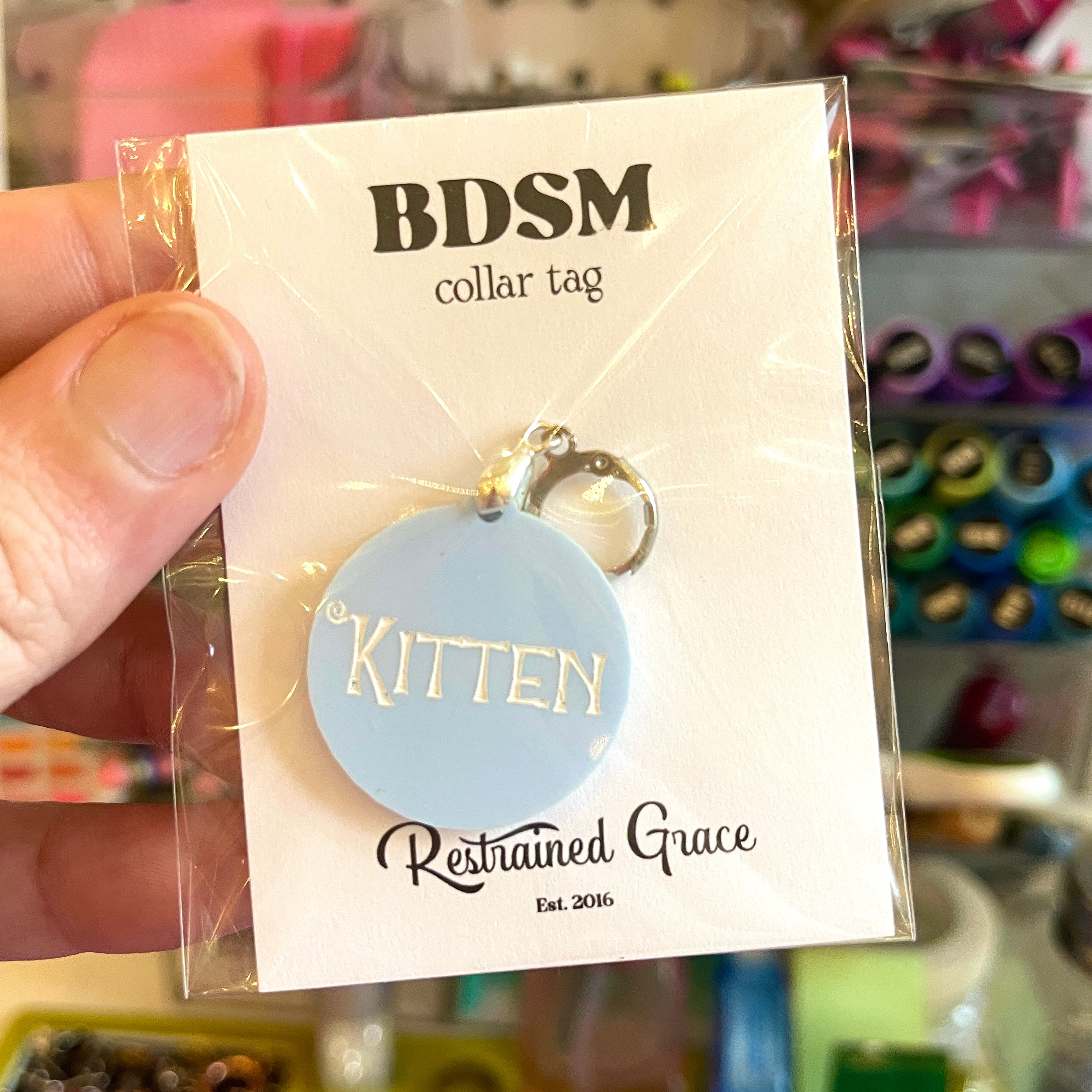 Sample Sale - Collar Tag - Round Baby Blue Acrylic "Kitten" Collar Tag Restrained Grace