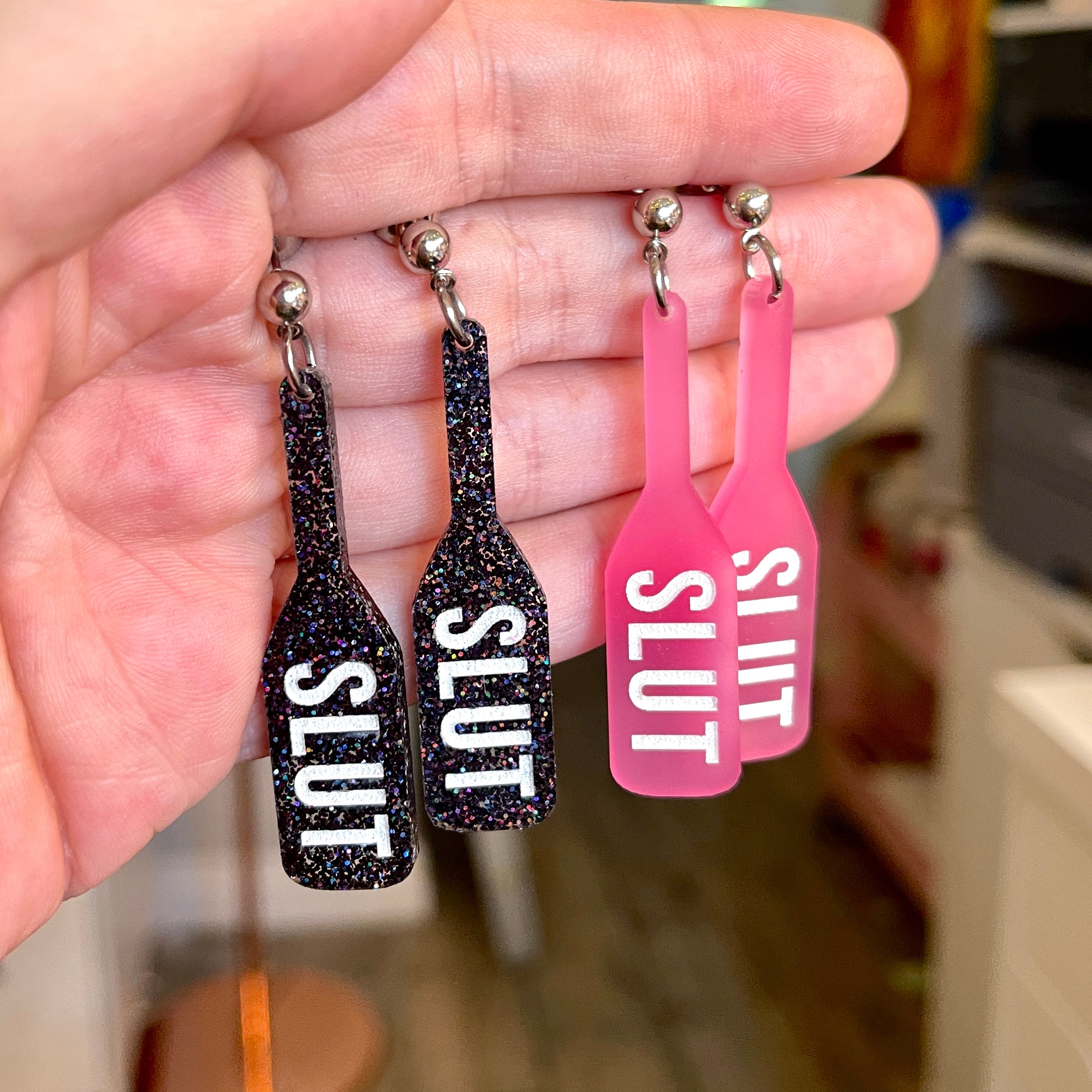 Slut Paddle Earrings in Pink - BDSM Jewelry
