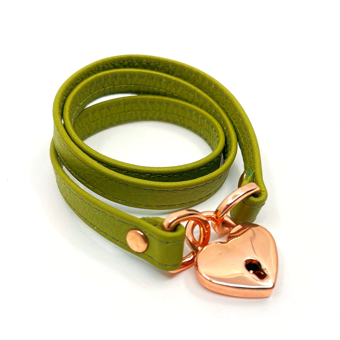Olive Green & Rose Gold Locking Leather Wrap Bracelet - 6.5" Collar Restrained Grace   