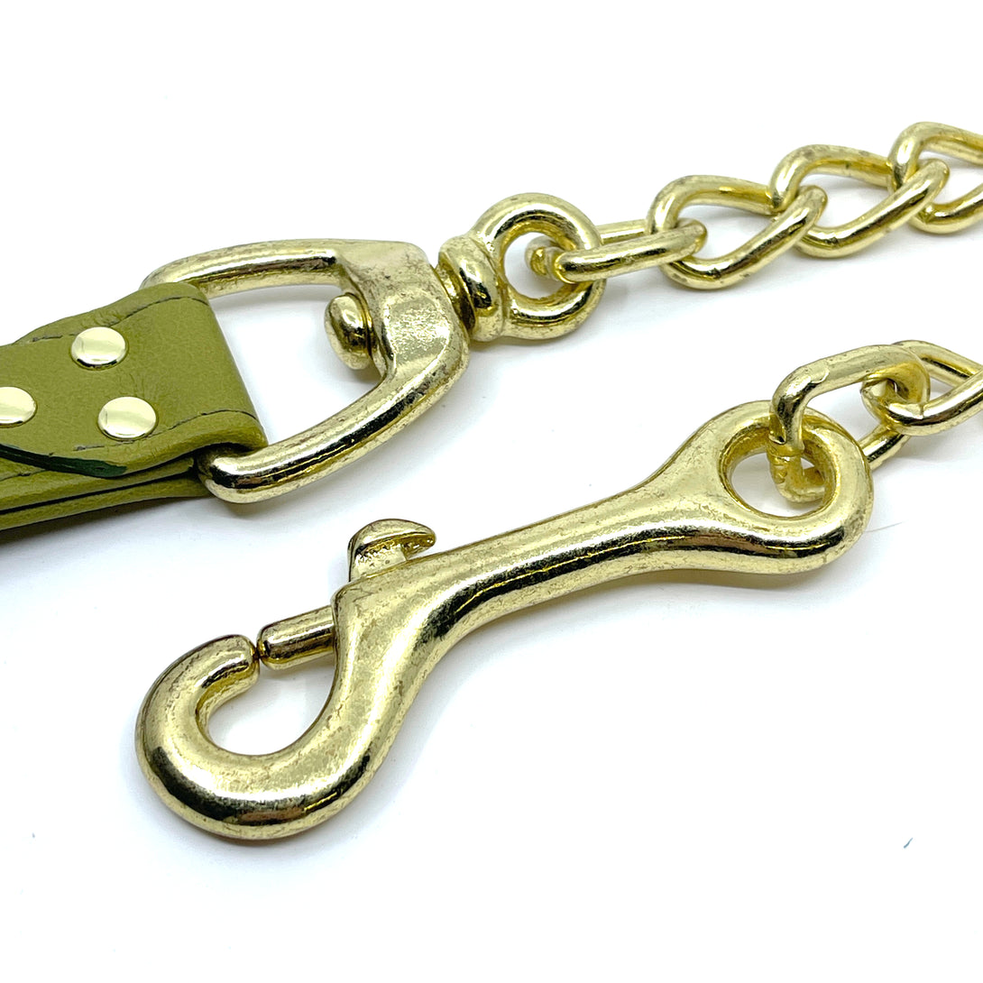 Olive Green Leather & Brass BDSM Leash Leash Restrained Grace   
