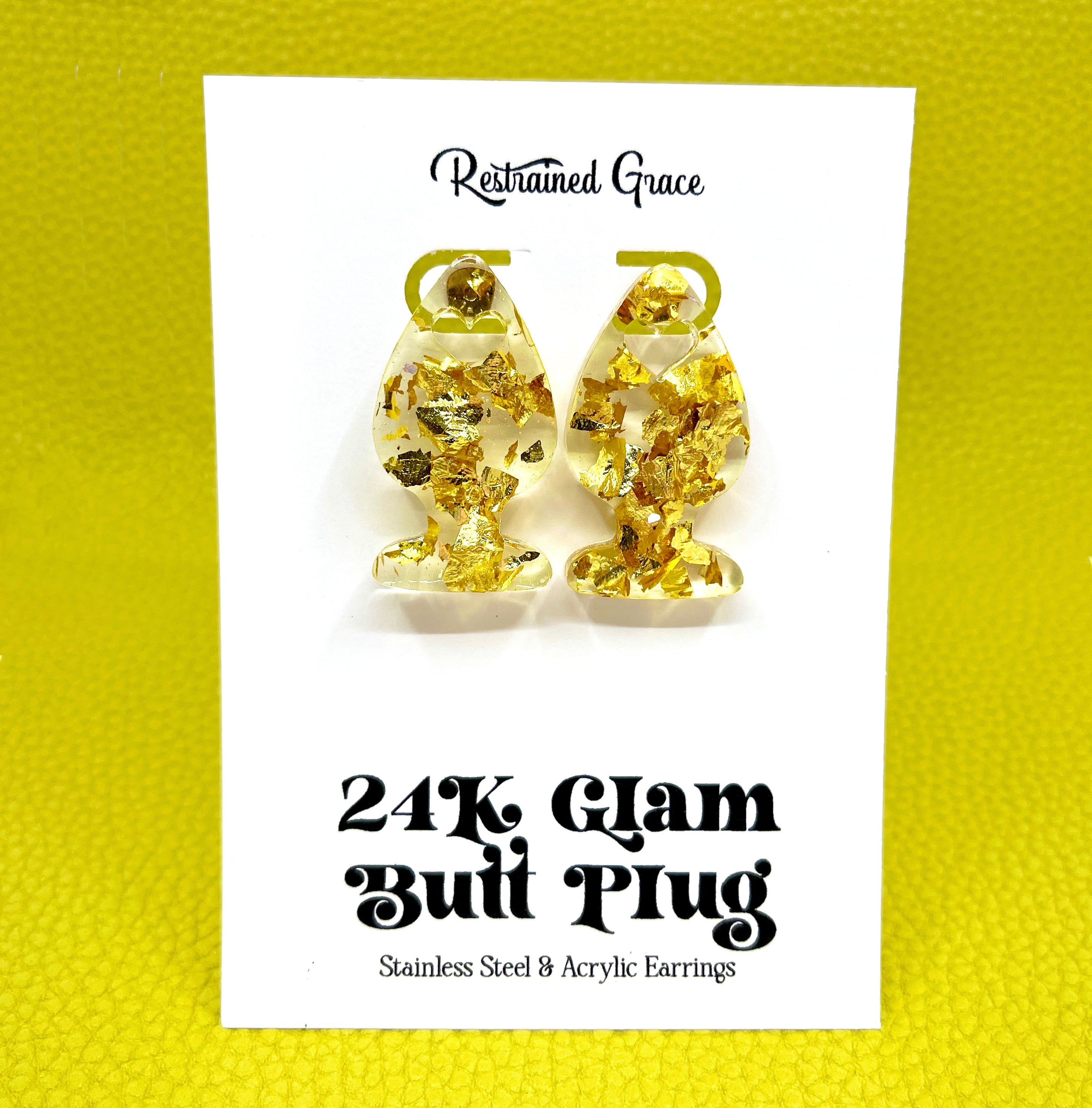 Gold Leaf Lucite Butt Plug Stud Earrings Earrings Restrained Grace   