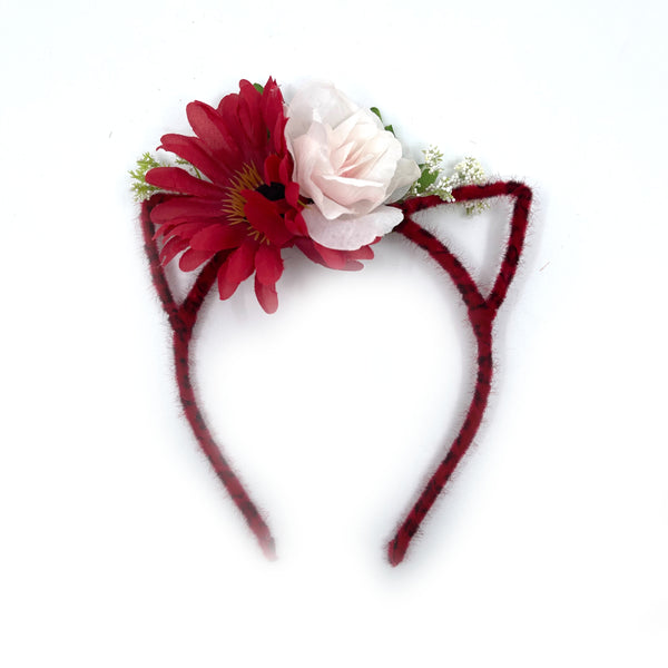 Floral Cat Ears Headband - Red Daisy & Rose